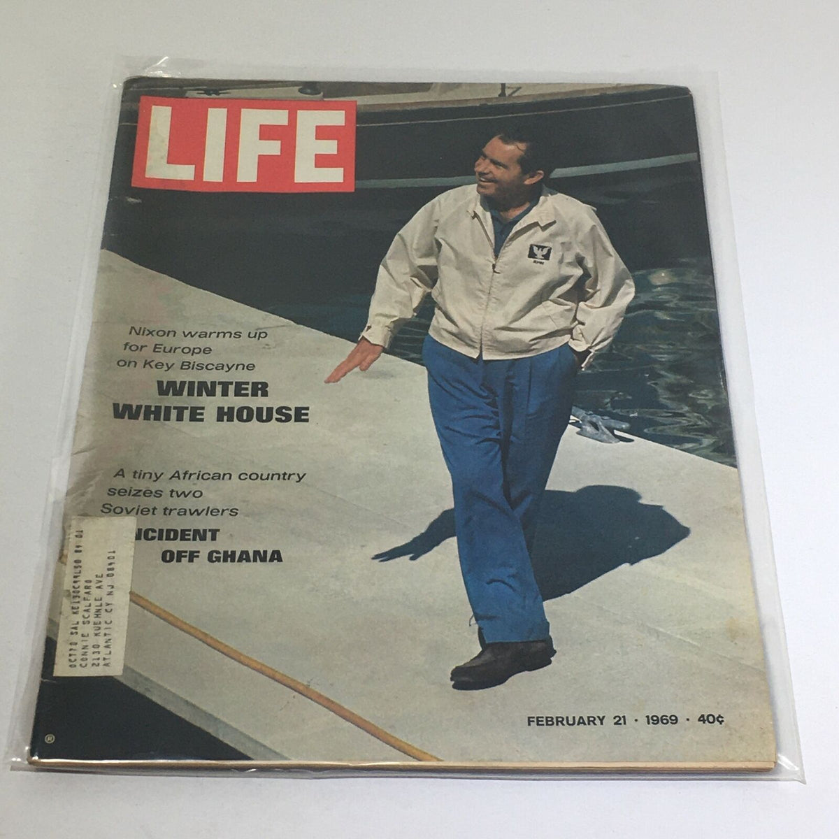 VTG Life Magazine: February 21 1969 - Nixon Warms Up for Europe Key Biscayne, featuring President Nixon on the cover, dressed casually while engaging with the scenic backdrop of Key Biscayne, Florida. The magazine highlights historical events from the late 1960s.