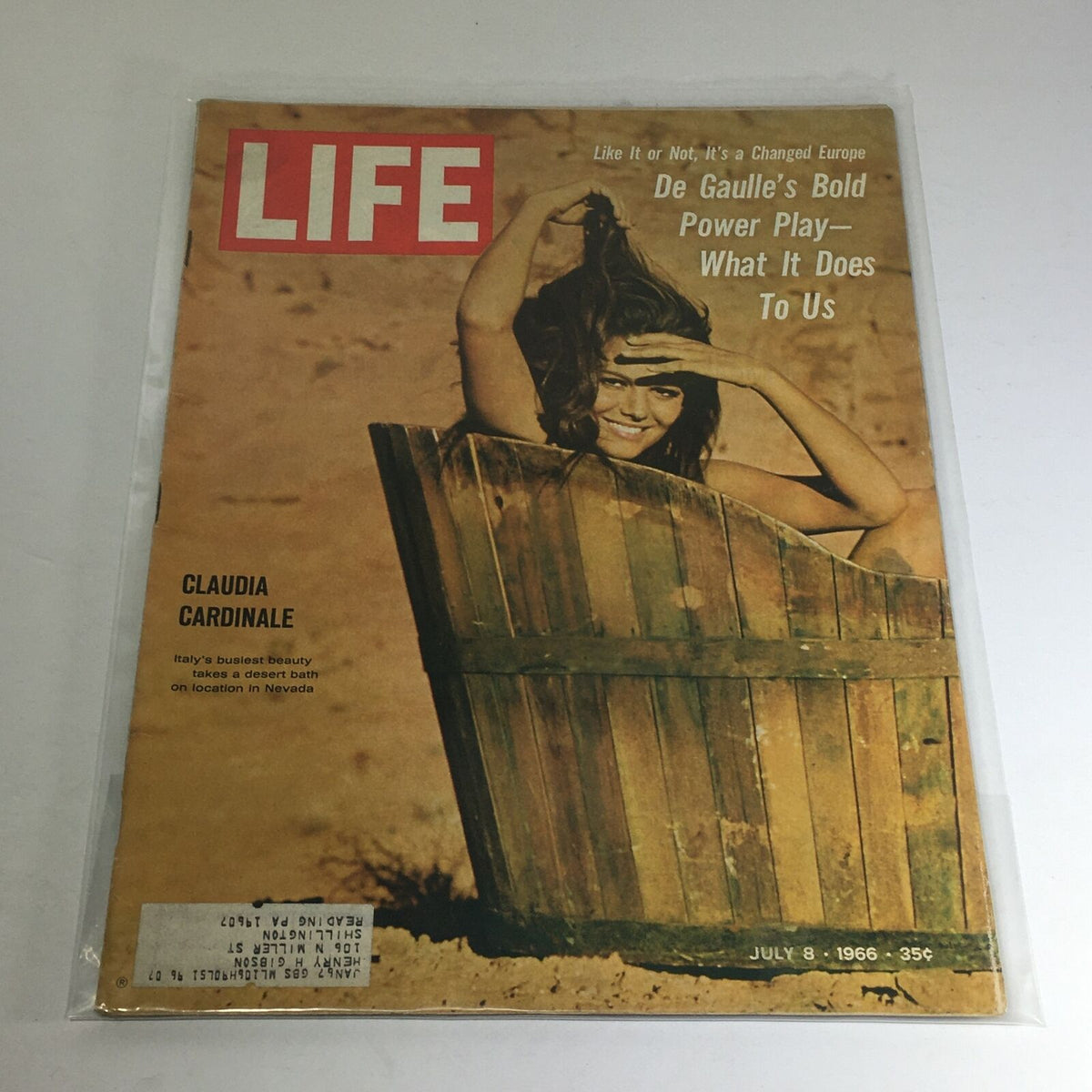 VTG Life Magazine Cover: July 8, 1966 featuring Claudia Cardinale, showcasing De Gaulle's Bold Power Play and highlighting mid-1960s culture.