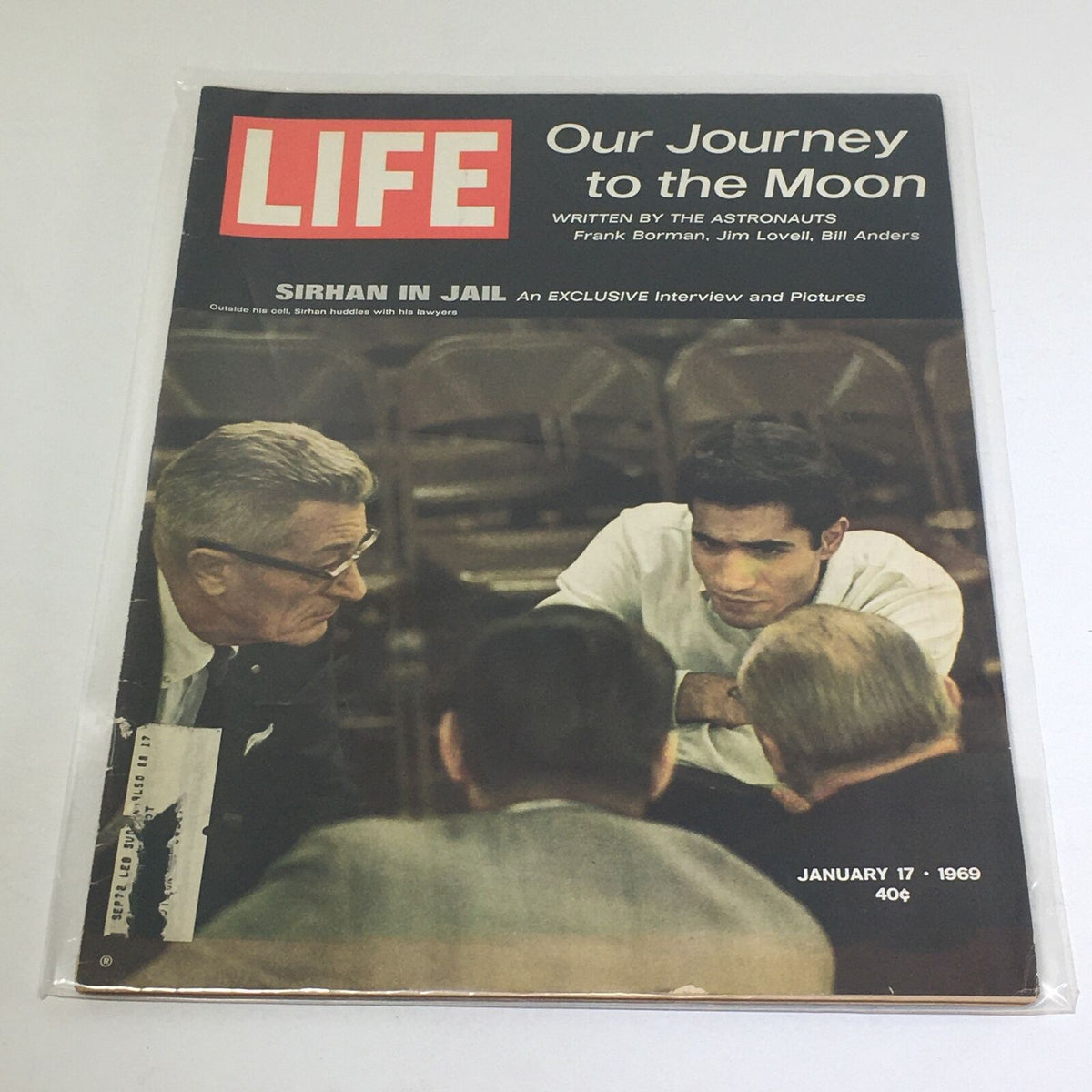 VTG Life Magazine cover from January 17, 1969, featuring Sirhan in jail and the theme 'Our Journey to the Moon.' The cover displays a poignant image of Sirhan Sirhan with his lawyers, reflecting crucial historical events.