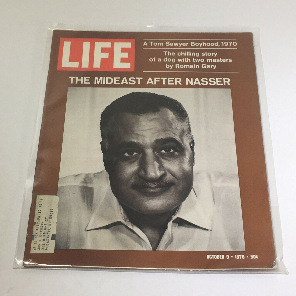 Cover of VTG Life Magazine: October 9, 1970, featuring a prominent black and white portrait, highlighted by the title 'The Mideast After Nasser,' and additional text about 'A Tom Sawyer Boyhood, 1970.'