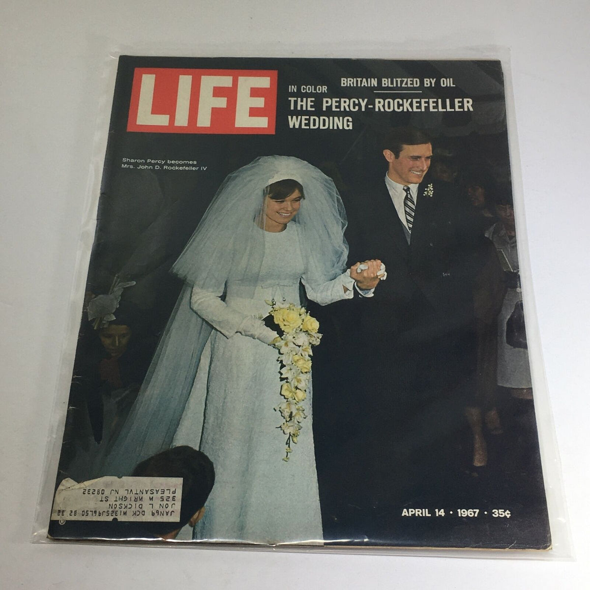 Vintage Life Magazine cover from April 14, 1967, featuring the wedding of Sharon Percy and John D. Rockefeller, showcasing the couple holding hands in wedding attire with floral details.