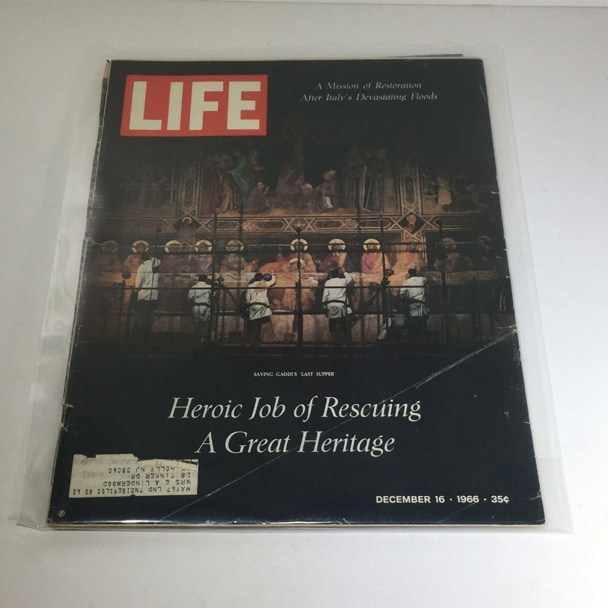 VTG Life Magazine Cover from December 16, 1966 featuring the headline 'A Mission of Restoration After Italy's Devastating Floods' with an image of restoration efforts