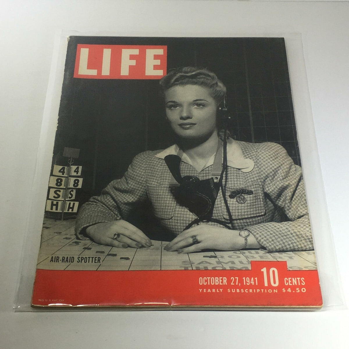 Vintage Life Magazine cover from October 27, 1941, featuring an Air-Raid Spotter, showcasing the style and culture of the early 1940s.