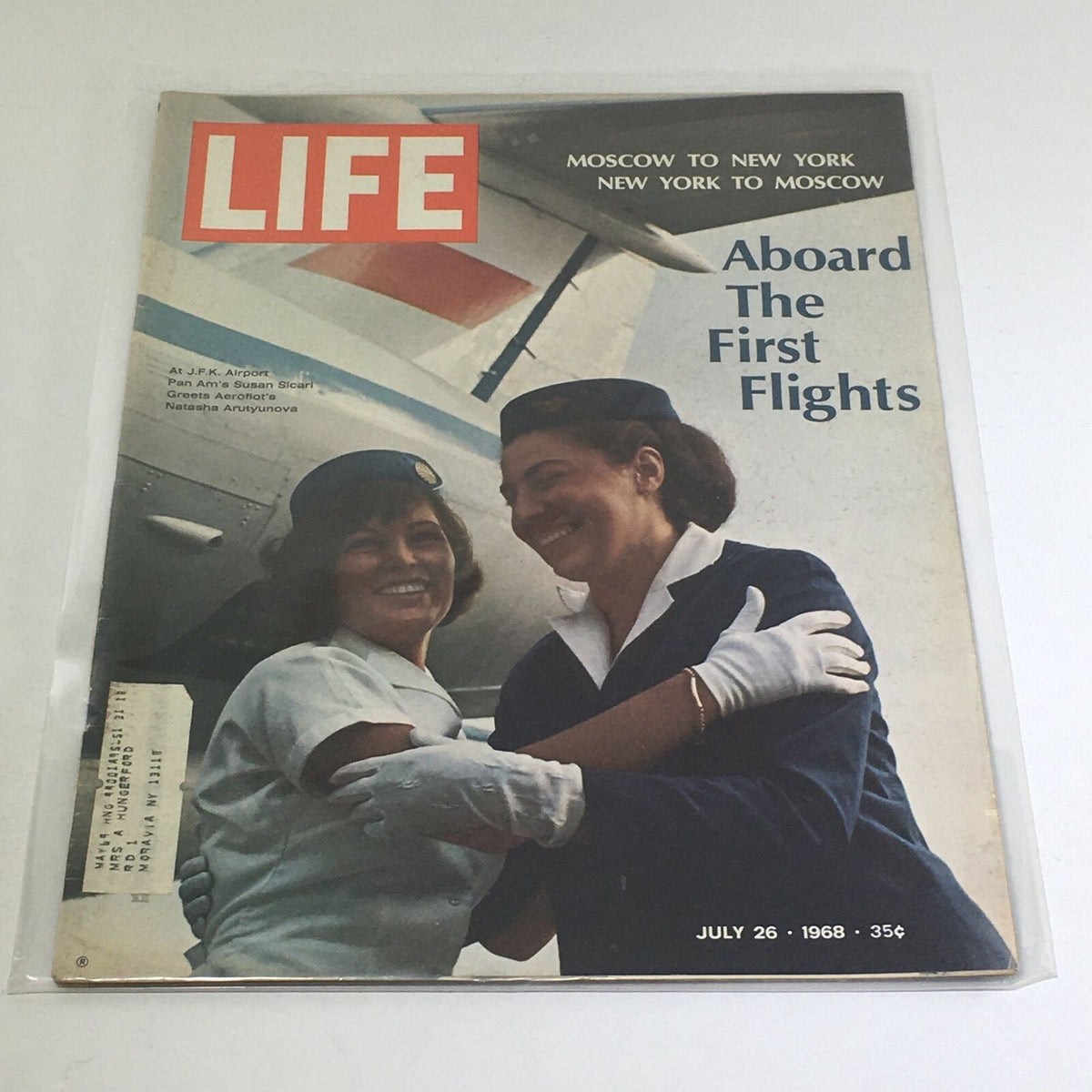 Cover of VTG Life Magazine from July 26, 1968, featuring two flight attendants at JFK Airport, highlighting Aboard The First Flights from Moscow to New York.
