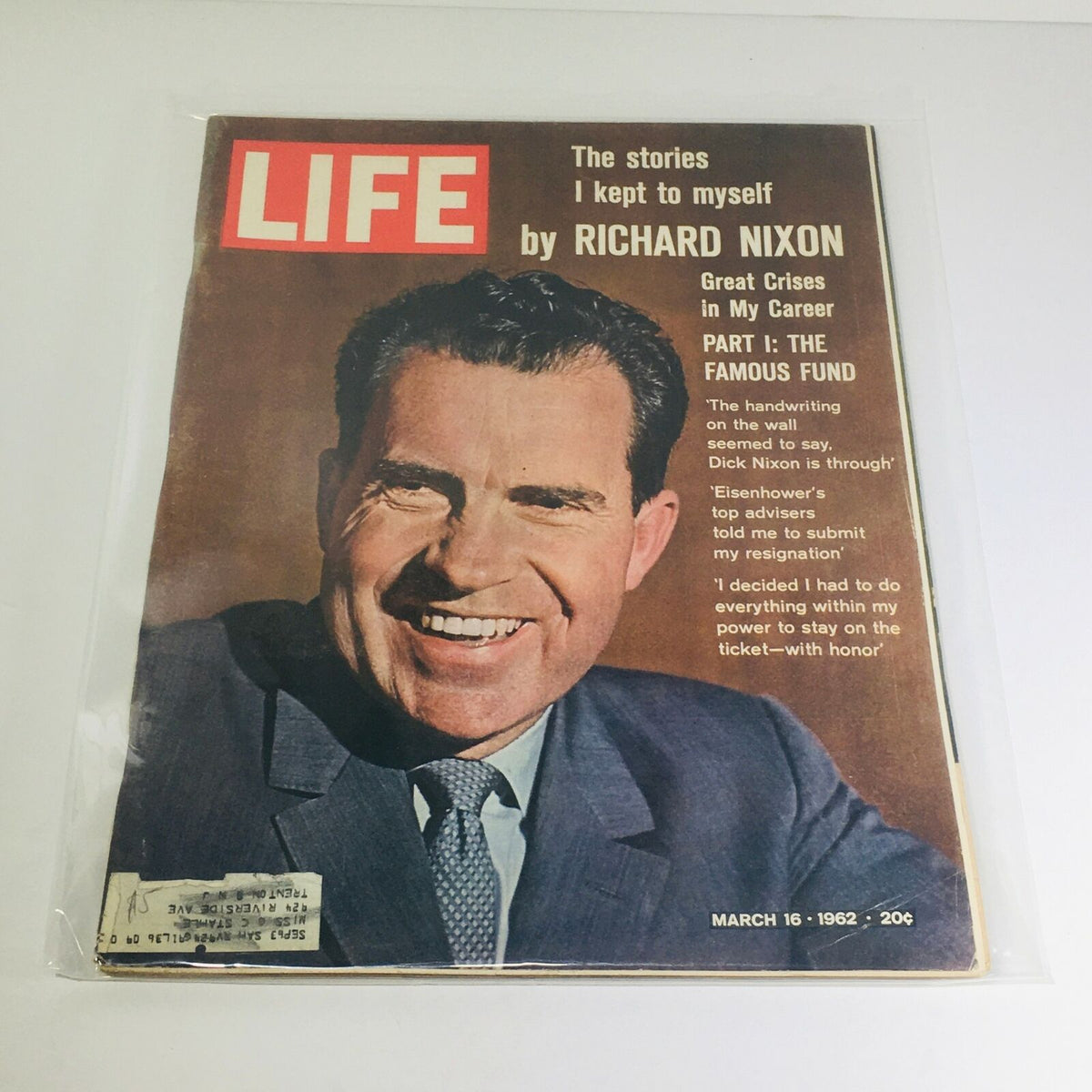 Cover of the vintage Life Magazine dated March 16, 1962, featuring Richard Nixon with the title 'The Stories I Kept To Myself.' The cover highlights Nixon's significant career moments and includes a protective plastic covering.