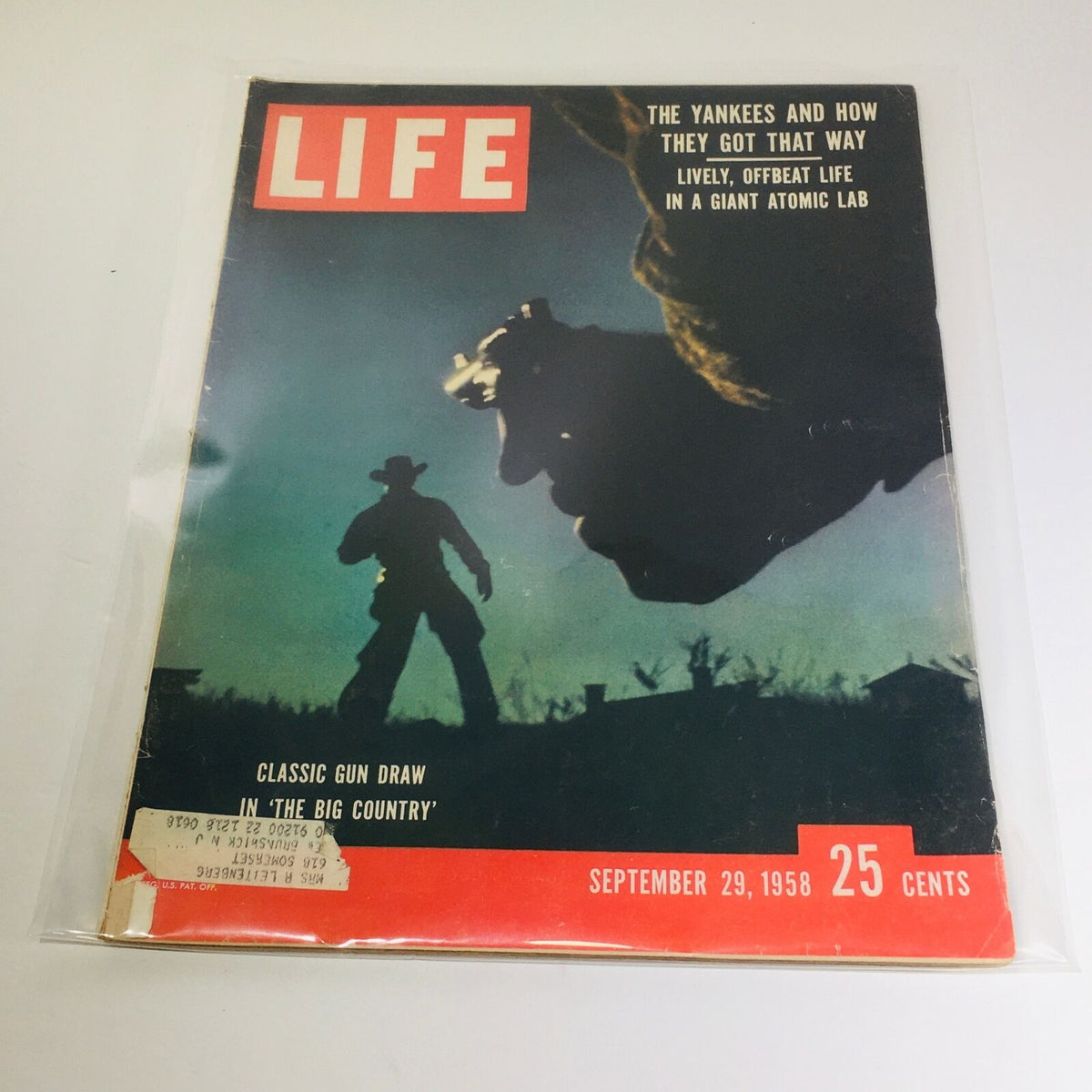 VTG Life Magazine Cover from September 29, 1958 featuring classic gun draw, the Yankees, and a giant atomic lab.
