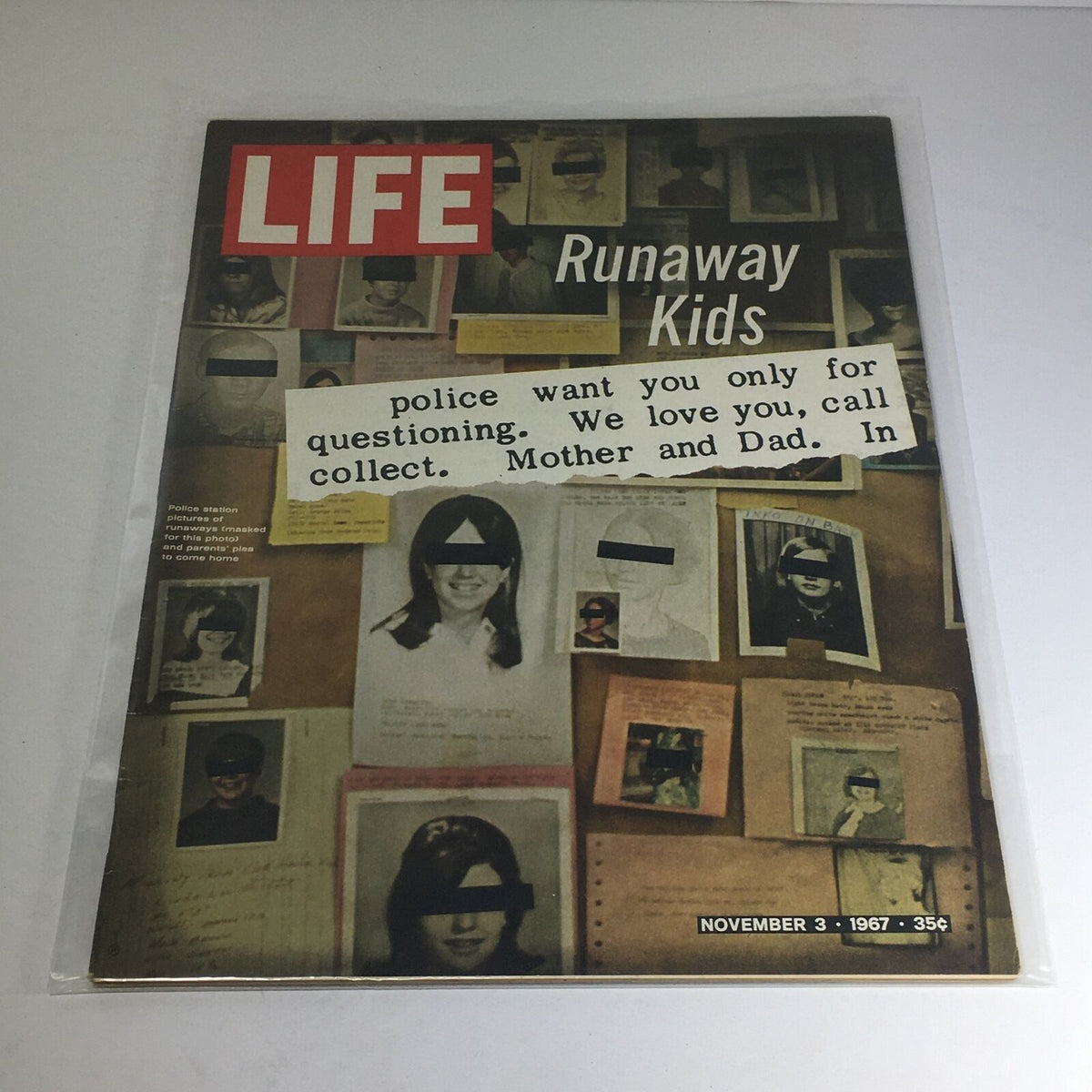 Vintage Life Magazine cover from November 3, 1967, featuring the title 'Runaway Kids: Police Want You Only Question.' The cover showcases images of missing children with obscured faces, emphasizing the societal issues of the late 1960s.