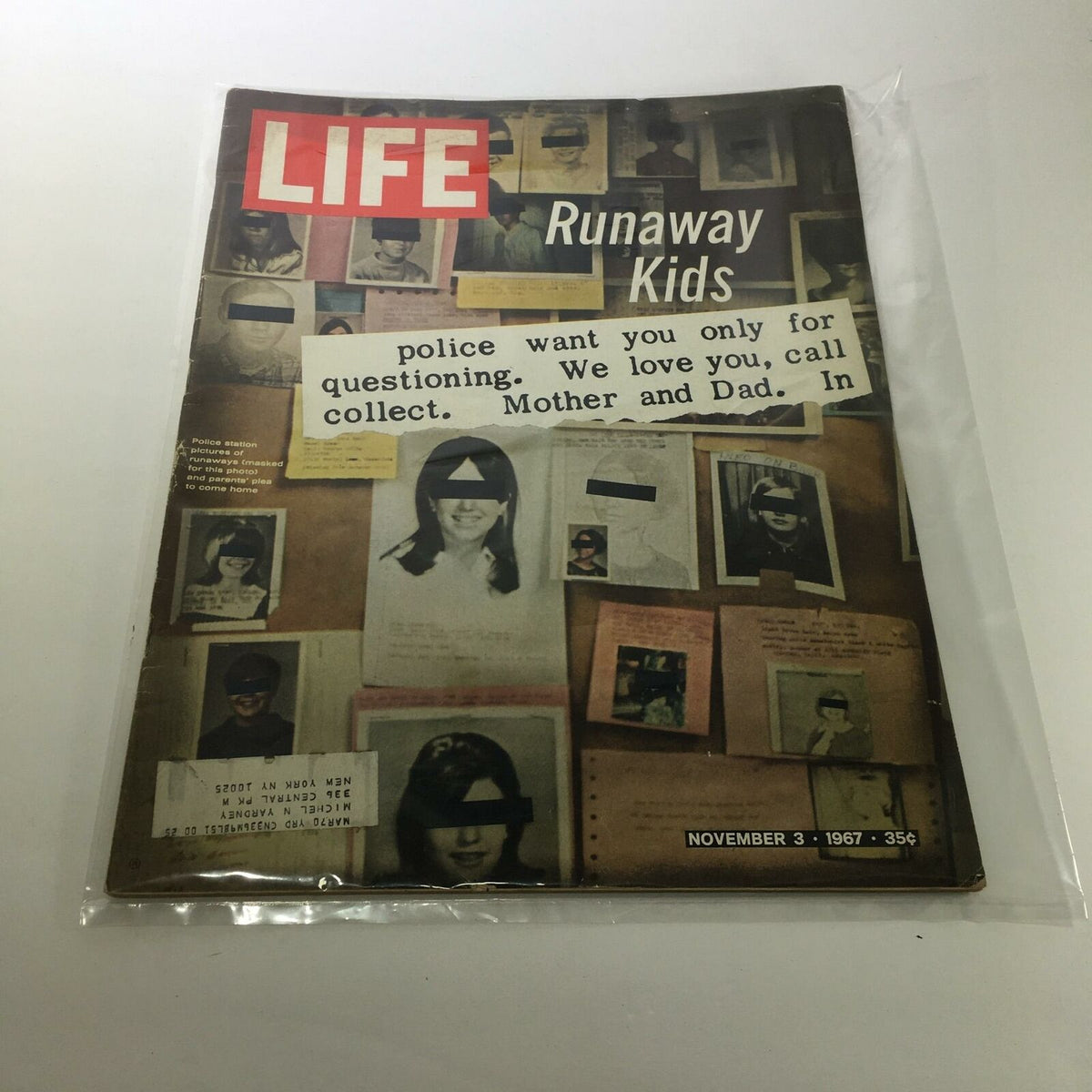 Vintage Life Magazine from November 3, 1967, featuring the cover story 'The Runaway Kids.' The cover displays various missing person photos with obscured faces and a warning message: 'police want you only for questioning. We love you, call collect. Mother and Dad.' This issue is a historical glimpse into youth culture of the 1960s.
