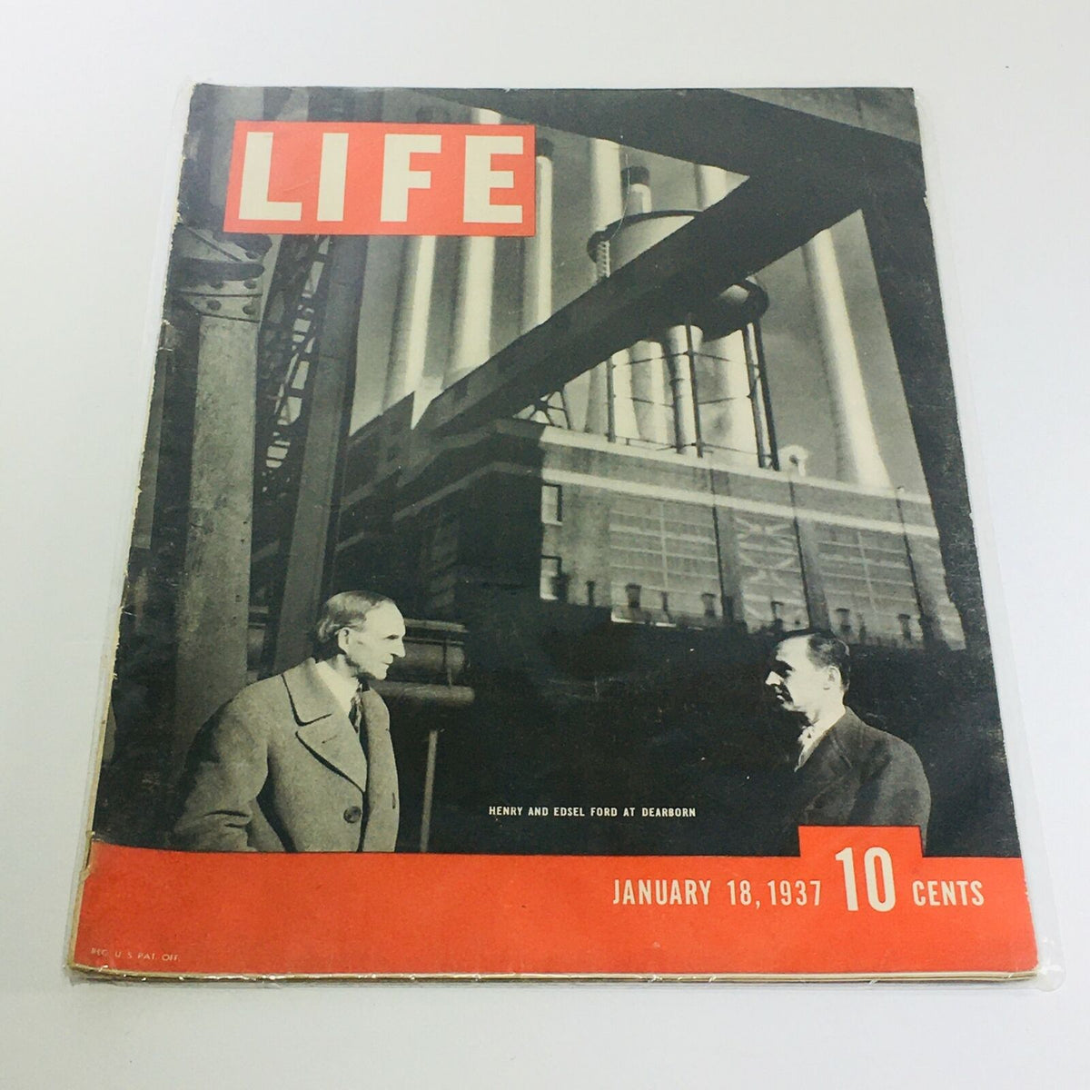 Cover of Vintage Life Magazine featuring Henry and Edsel Ford at Dearborn, dated January 18, 1937. The image showcases a black and white photograph of the Ford family, reflecting the historic automotive culture of the time.