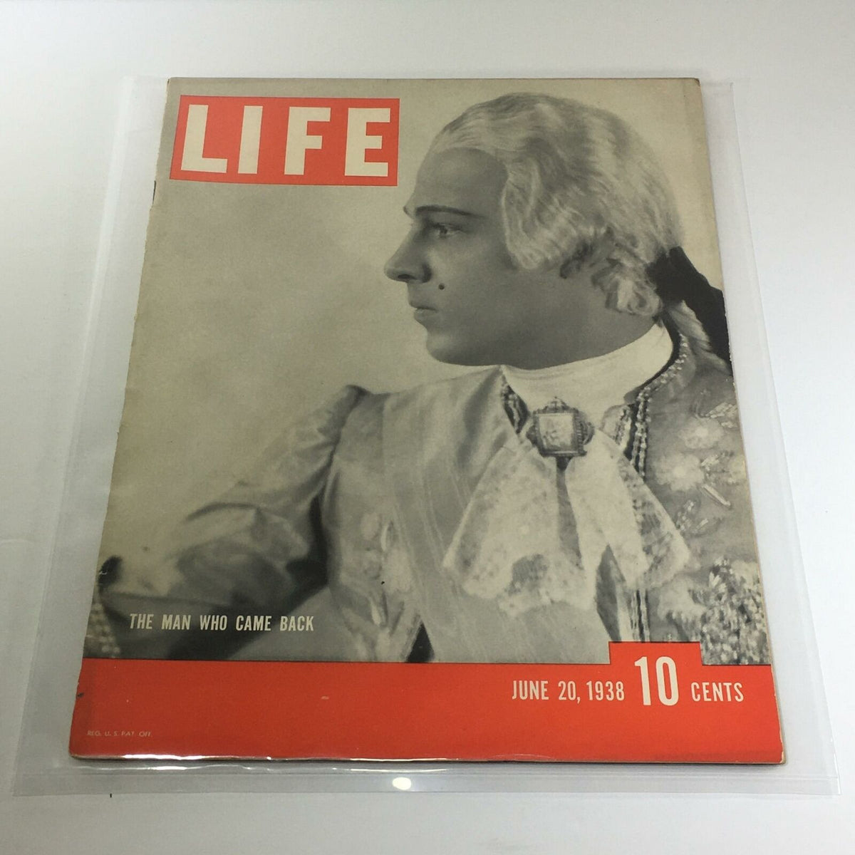 Vintage Life Magazine from June 20, 1938, featuring the cover titled 'The Man Who Came Back'. The magazine displays a classic profile illustration with a striking contrast of colors and nostalgic design elements from the late 1930s.
