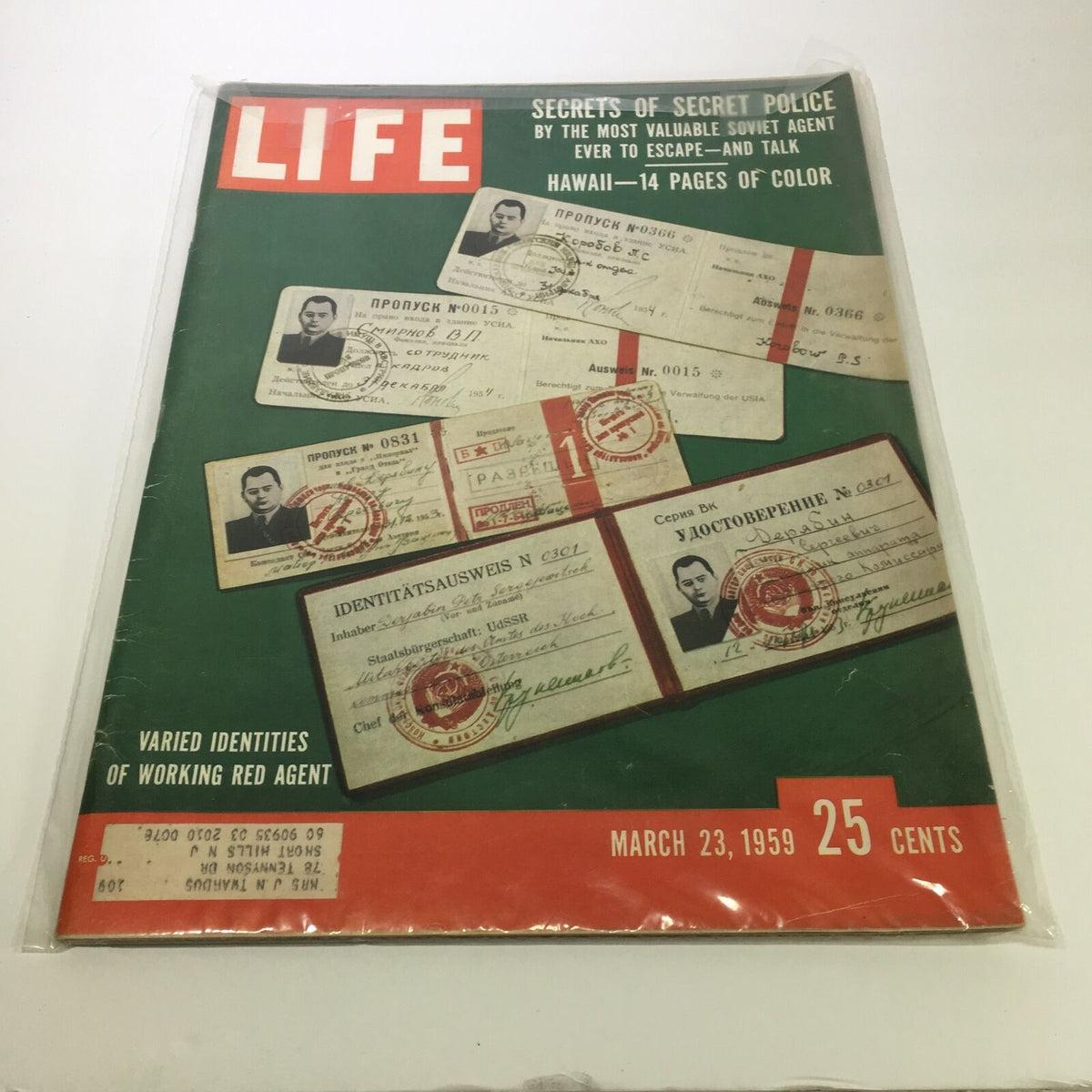 VTG Life Magazine March 23 1959 cover featuring varied identities working red agent, showcasing espionage-related documents and photographs, capturing the essence of the Cold War era, perfect for history enthusiasts and collectors.