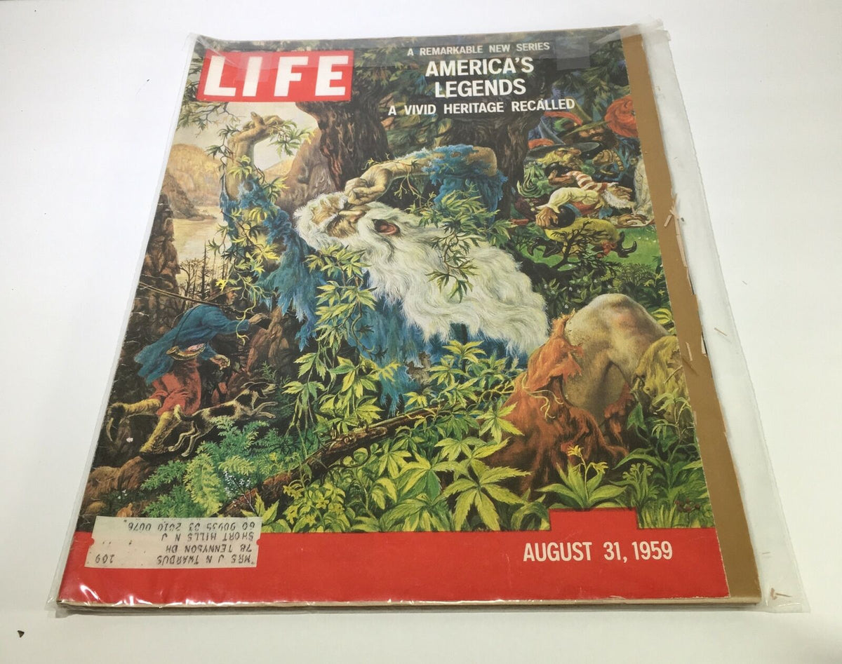 Cover of VTG Life Magazine from August 21, 1959, titled 'America's Legends: A Vivid Heritage Recalled', featuring vibrant artwork depicting mythical characters and lush nature.