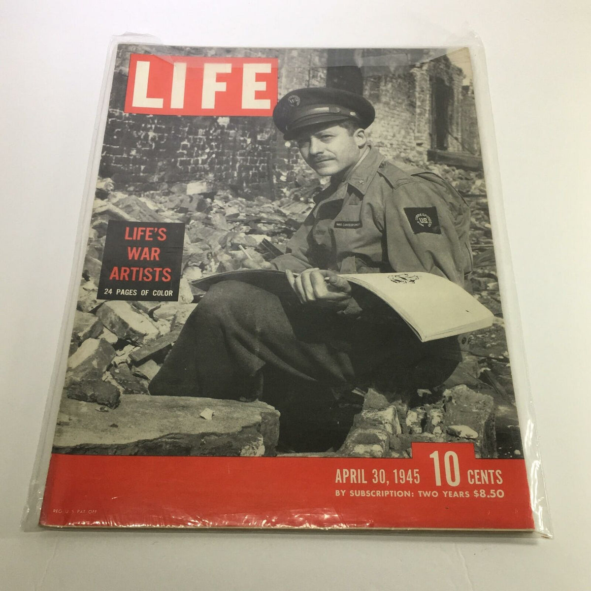 Cover of Life Magazine dated April 30, 1945, titled 'Life's War Artists,' featuring a soldier in uniform, amidst rubble, symbolizing wartime artistry. This collectible magazine highlights America's post-war era.