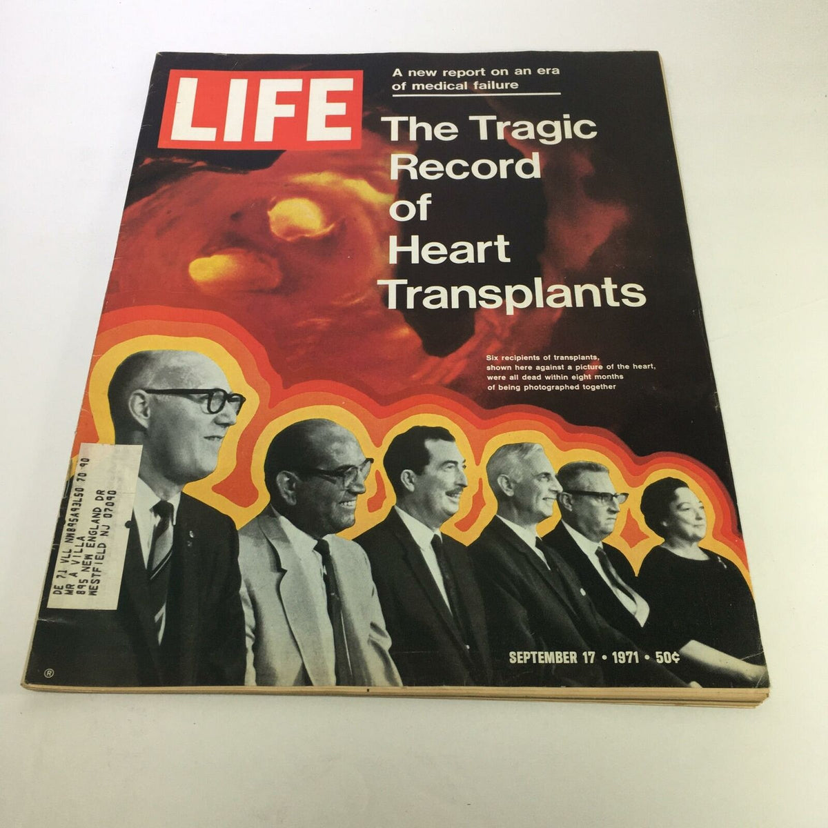 Cover of Life Magazine dated September 17, 1971, featuring the title 'The Tragic Record of Heart Transplants'. The image shows prominent figures related to heart transplants, with a striking background design, highlighting the issue's focus on the challenges and medical history of heart transplantation.