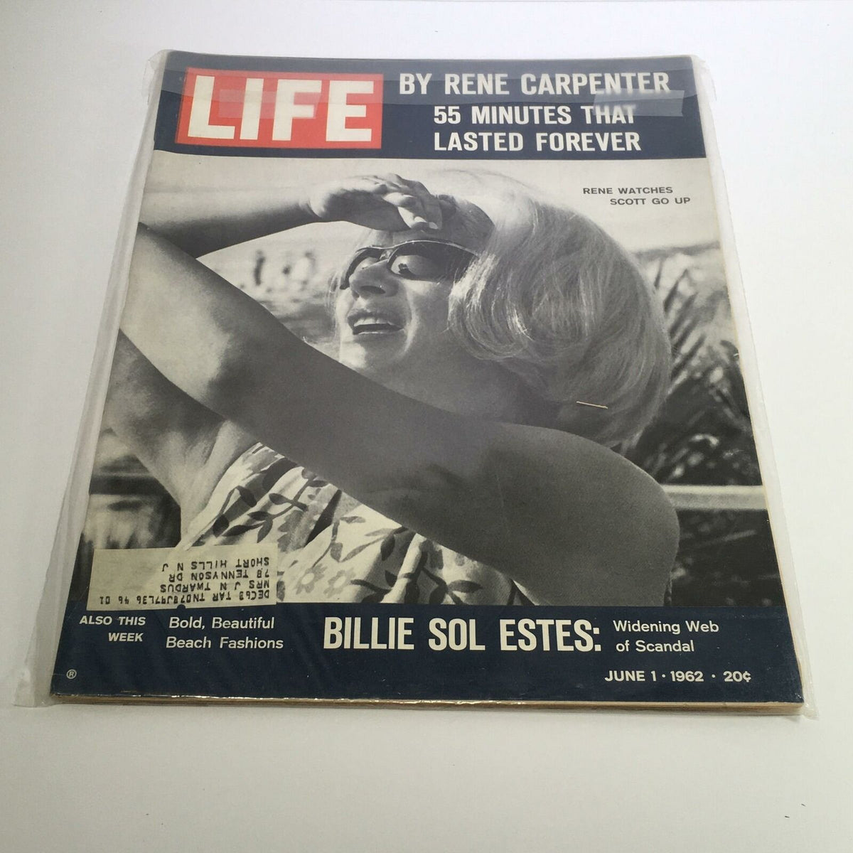 Cover of Life Magazine dated June 1, 1962, featuring Rene Carpenter with the headline '55 Minutes That Lasted Forever.' The magazine showcases iconic mid-20th century photography and style, emphasizing the cultural significance of the era.