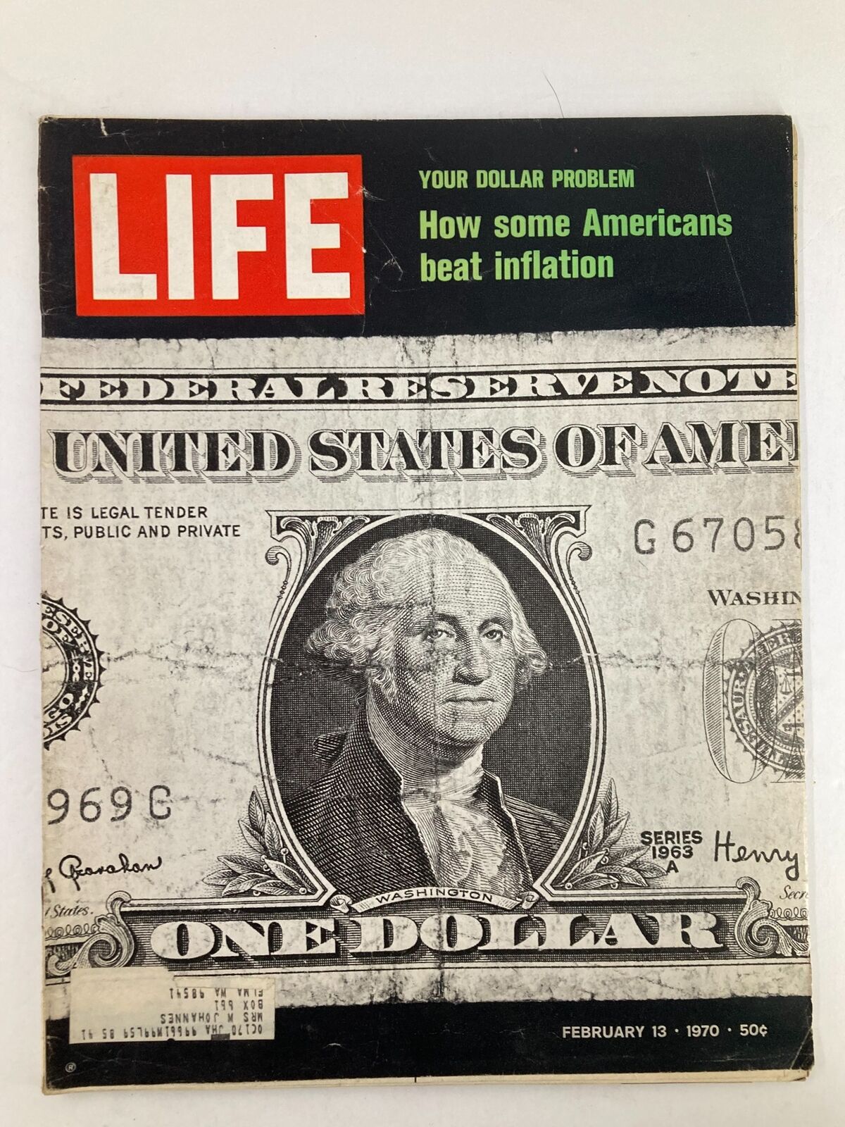 Cover of VTG Life Magazine from February 13, 1970 titled 'How Some Americans Beat Inflation', featuring a detailed illustration of a one dollar bill with George Washington's portrait.