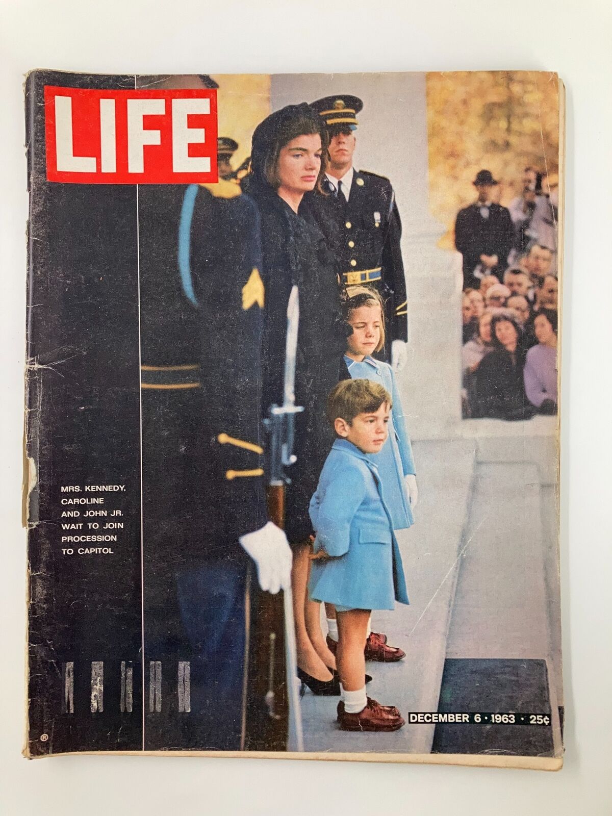 Vintage Life Magazine cover from December 6, 1963 featuring Mrs. Kennedy with Caroline and John Jr. during a significant historical moment.