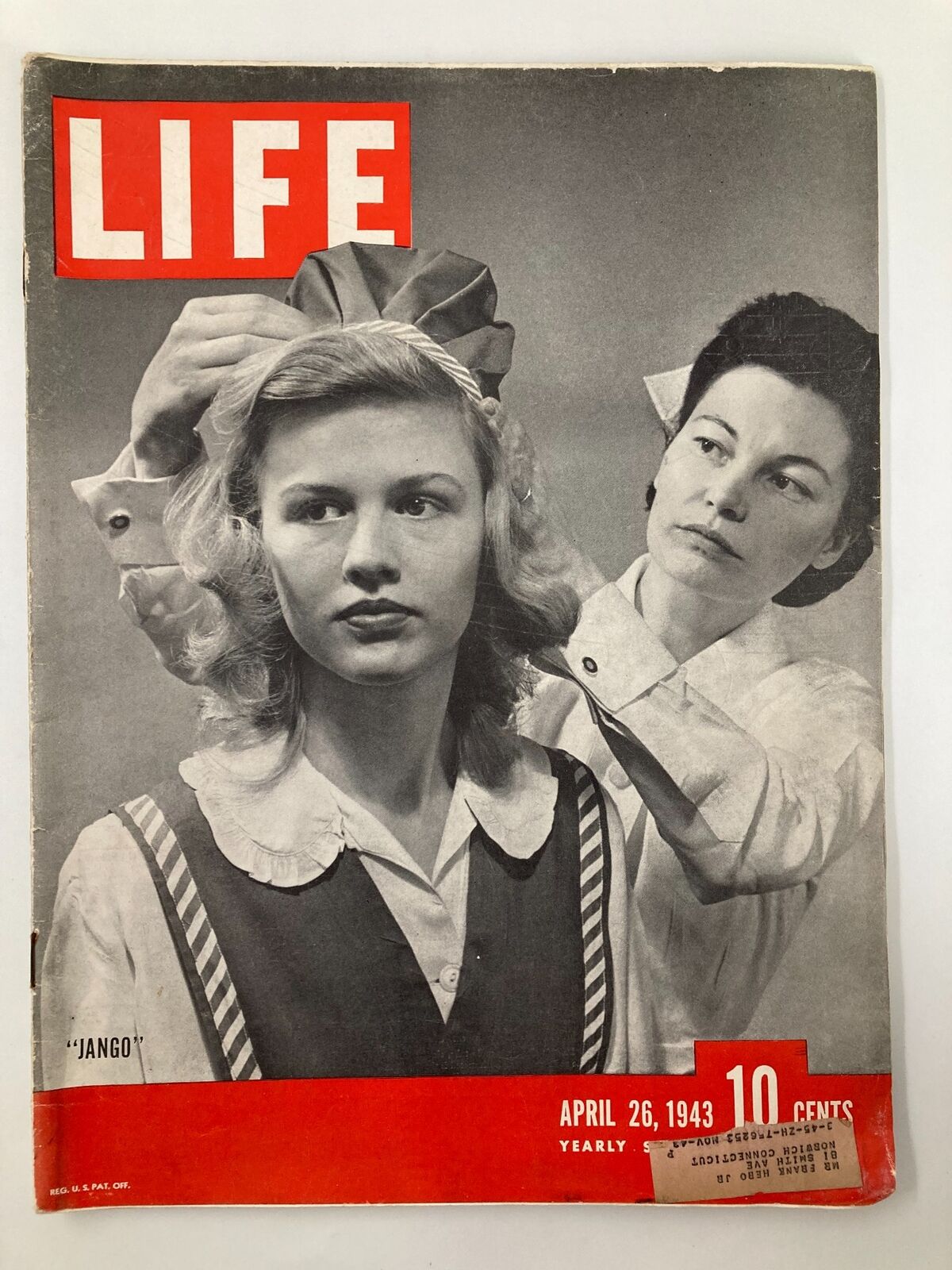Cover of VTG Life Magazine April 26, 1943 featuring 'Jango' with a hairstyle feature, showcasing vintage photography.