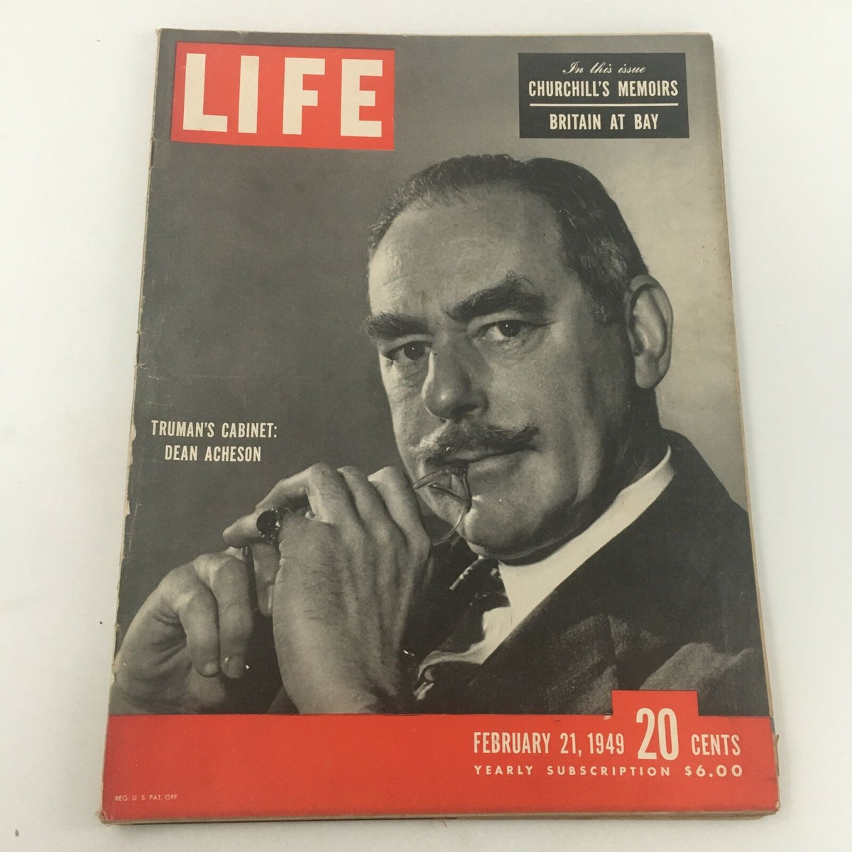 Cover of VTG Life Magazine February 21, 1949, featuring Dean Acheson with the title 'Truman's Cabinet' and highlighting Churchill's memoirs.