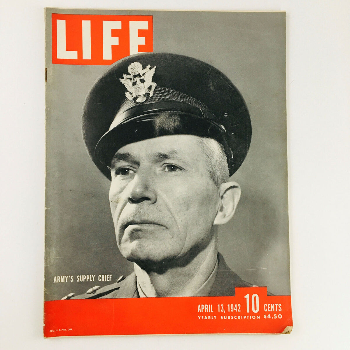 Cover of the April 13, 1942 issue of Life Magazine featuring General Brehon B. Somervell, U.S. Army Supply Chief, showcasing historical context and vintage design.