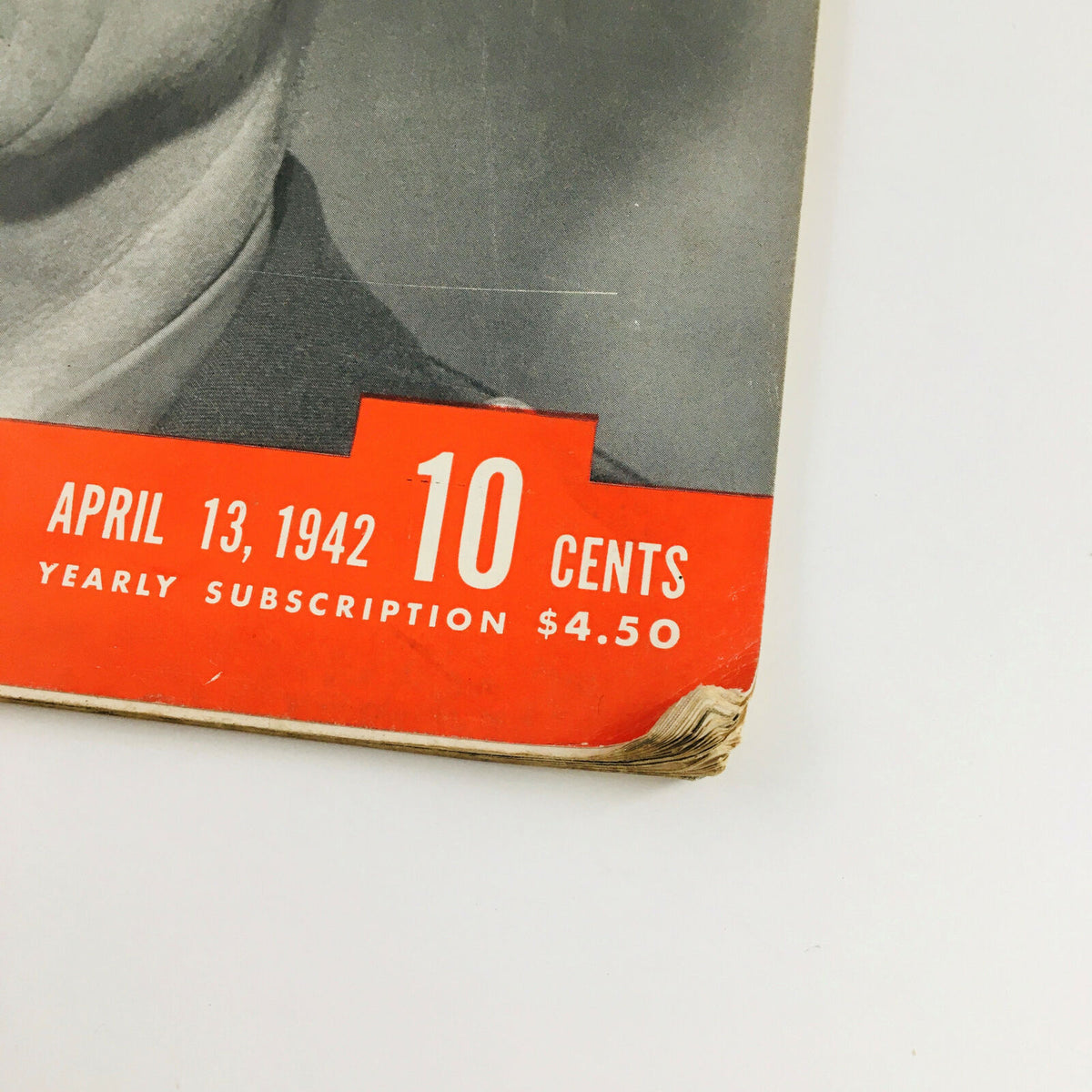 Close-up of the bottom corner of the April 13, 1942 Life Magazine, highlighting the price and subscription details, emphasizing its vintage charm.
