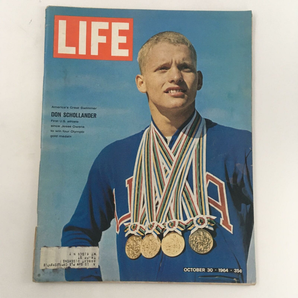 Cover of VTG Life Magazine October 30, 1964 featuring Don Schollander, America's Great Swimmer, showcasing his Olympic gold medals and representing U.S.A.