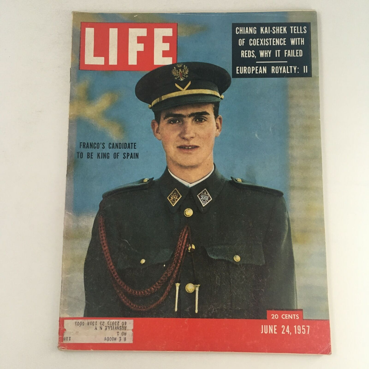 Life Magazine from June 24, 1957 featuring 'Franco's Candidate to Be King of Spain' on the cover, showcasing a young man in military uniform with decorations, symbolizing a historical moment in Spanish political succession.