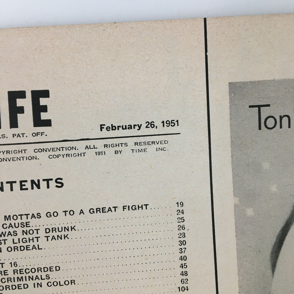Close-up view of the table of contents page from the VTG Life Magazine February 26 1951, showcasing featured topics and the date.