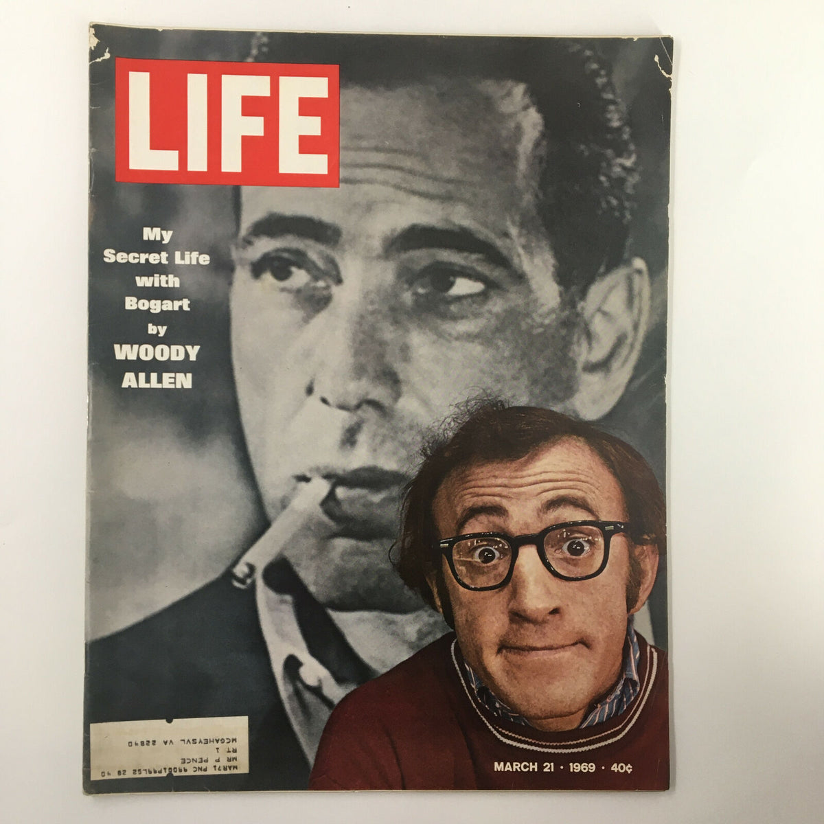 Cover of VTG Life Magazine March 21 1969 featuring 'My Secret Life with Bogart' by Woody Allen, showcasing a portrait of Humphrey Bogart in the background and Woody Allen in the foreground.