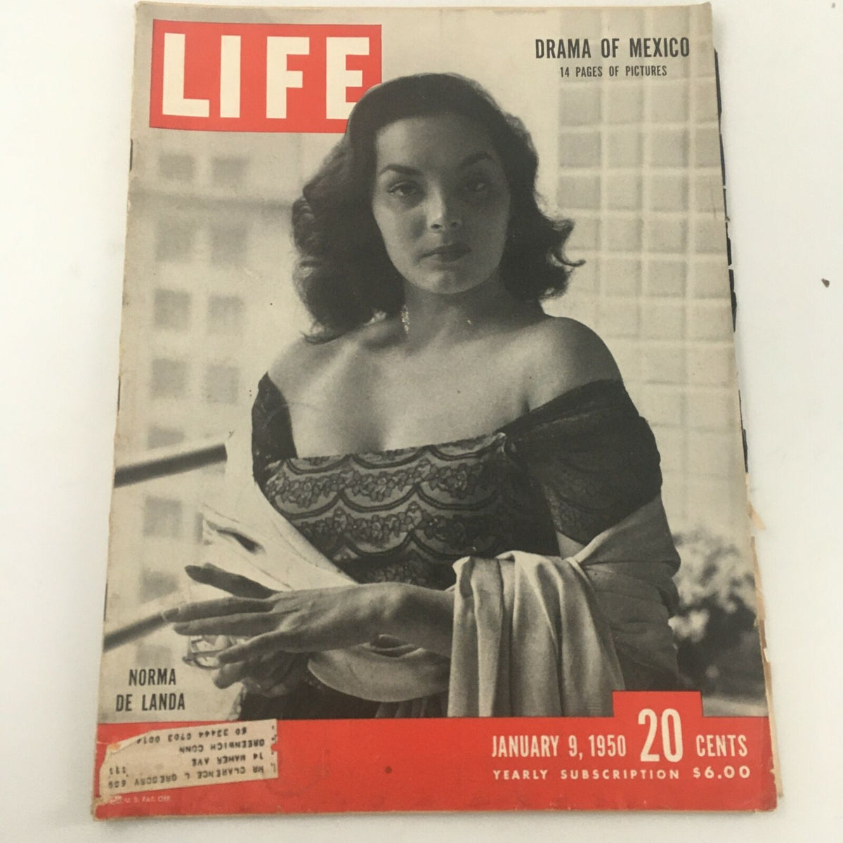 Vintage Life Magazine January 9, 1950 cover featuring actress Lana de Landa against a backdrop of historical significance highlighting 'The Drama of Mexico'.