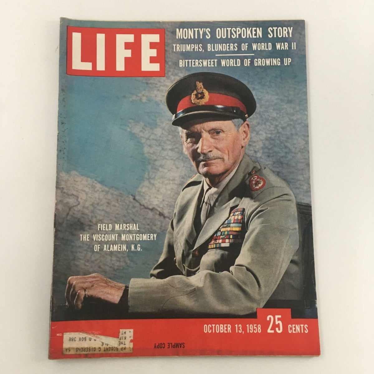 Vintage Life Magazine cover from October 13, 1958 featuring Field Marshal Viscount Montgomery, highlighting military history and cultural insights.