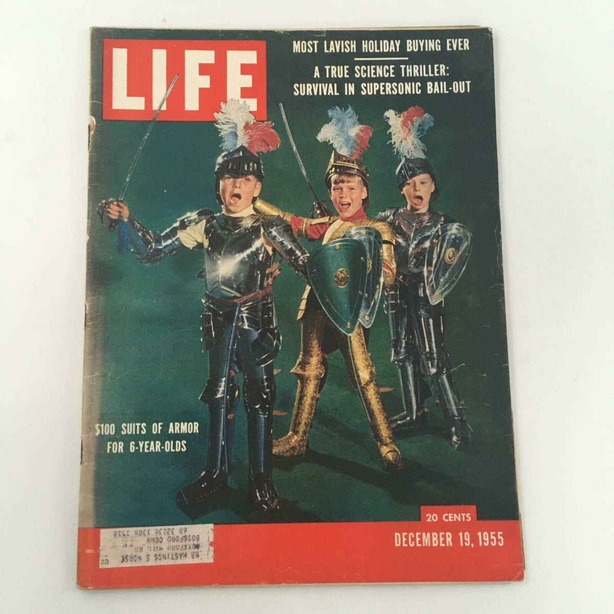 Cover of VTG Life Magazine December 19, 1955 featuring $100 Suits of Armor for 6-Year-Olds, with children dressed in playful knight costumes.