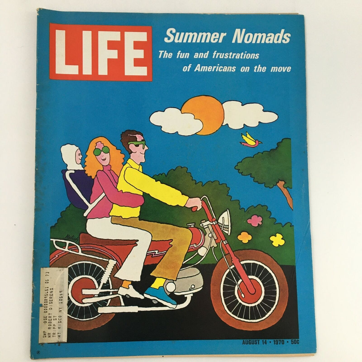 Vintage Life magazine cover from August 14, 1970, titled 'Summer Nomads: The Fun and Frustrations of Americans on the Move', featuring a colorful illustration of people riding a motorcycle, capturing the essence of American summer adventures.