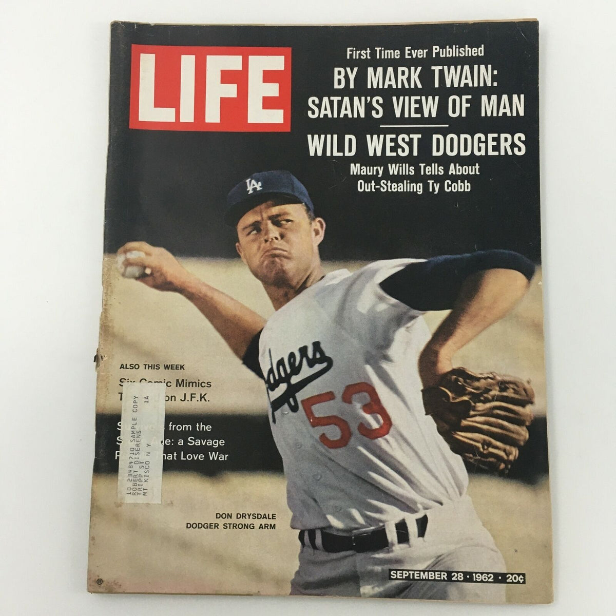 Cover of VTG Life Magazine from September 28, 1962 featuring Don Drysdale in Dodgers uniform, highlighting the Wild West Dodgers and the magazine's nostalgic appeal.