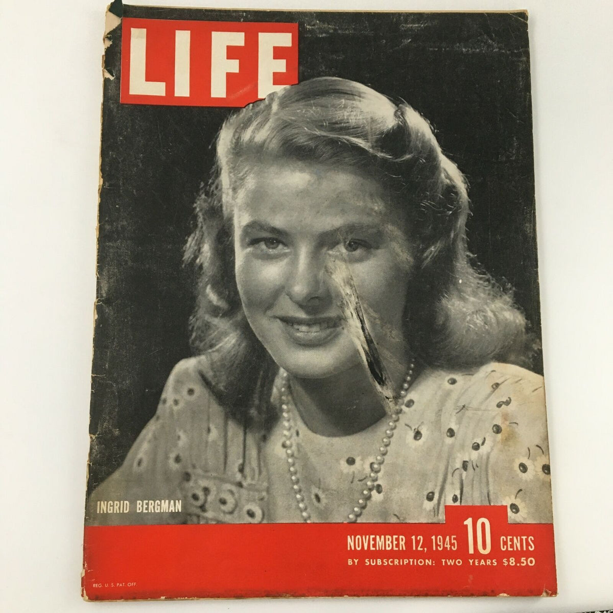 VTG Life Magazine November 12 1945 cover featuring Ingrid Bergman, showcasing a portrait of the actress with her signature hairstyle and pearl necklace.