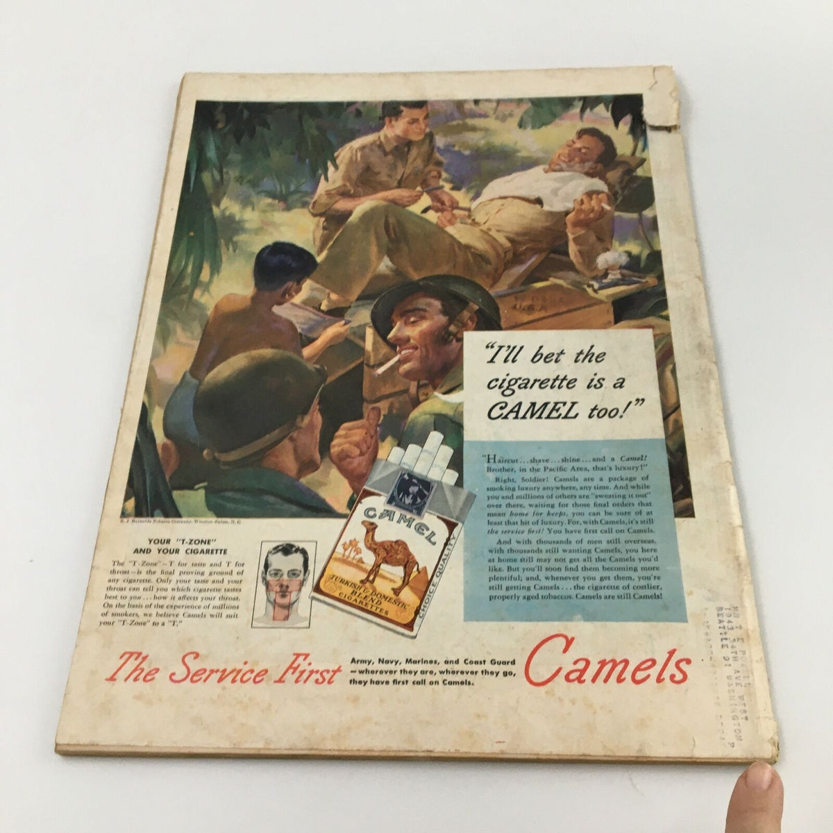 Back cover of the VTG Life Magazine November 12 1945, featuring a Camel cigarette advertisement illustrated with soldiers enjoying a break in the Pacific.