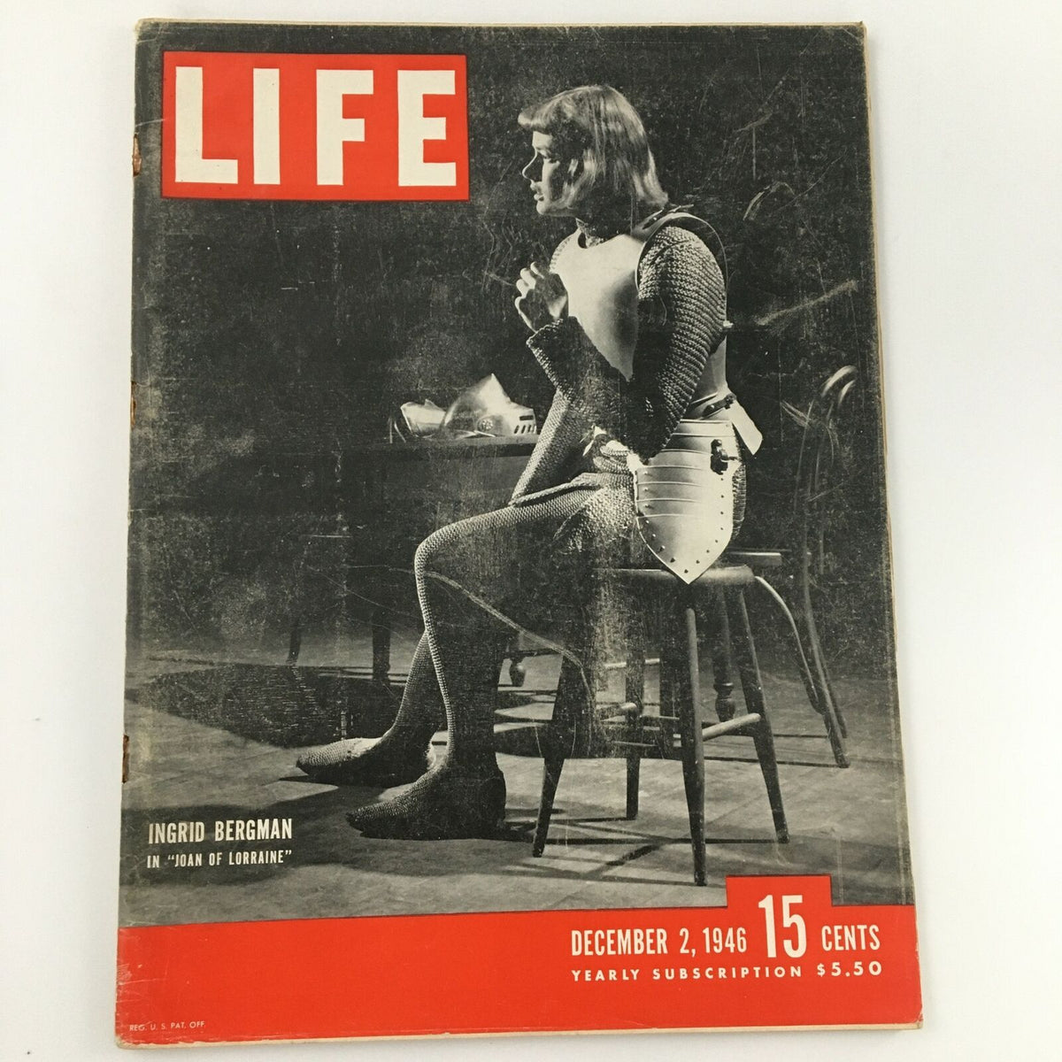 VTG Life Magazine December 2 1946 cover featuring Ingrid Bergman in "Joan of Lorraine" film, showcasing a vintage Hollywood aesthetic.