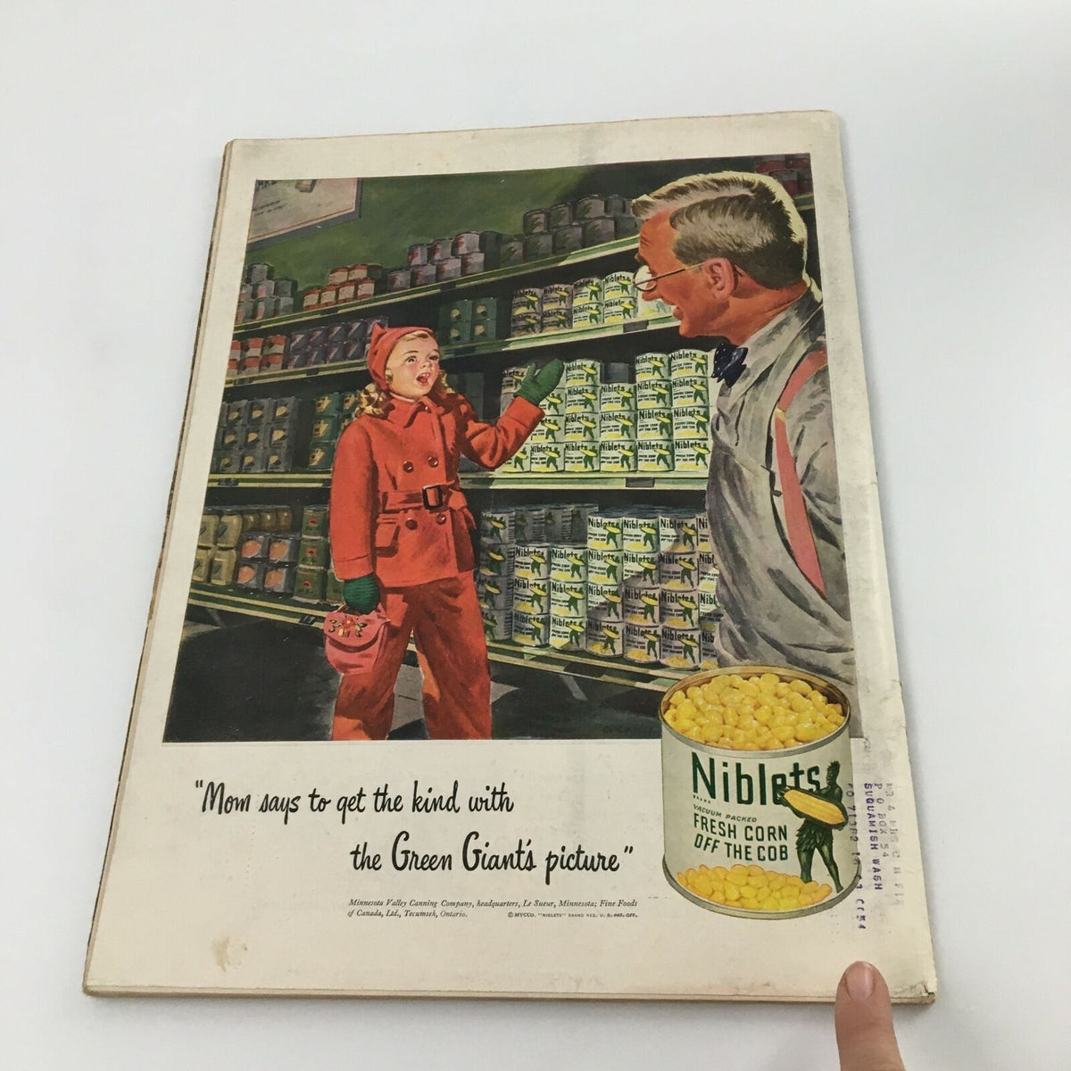 Back cover of VTG Life Magazine December 2 1946 Ingrid Bergman, displaying colorful advertising with a girl in a red coat and a grocery setting.