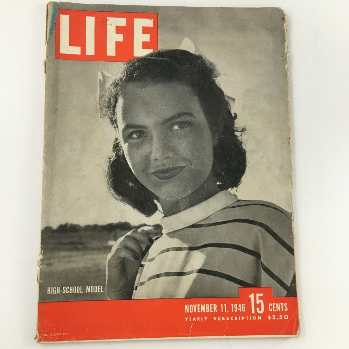 Cover of VTG Life Magazine from November 11, 1946, featuring high school model Shirley Arnow, showcasing her smiling portrait with a striped shirt and the iconic Life magazine logo.