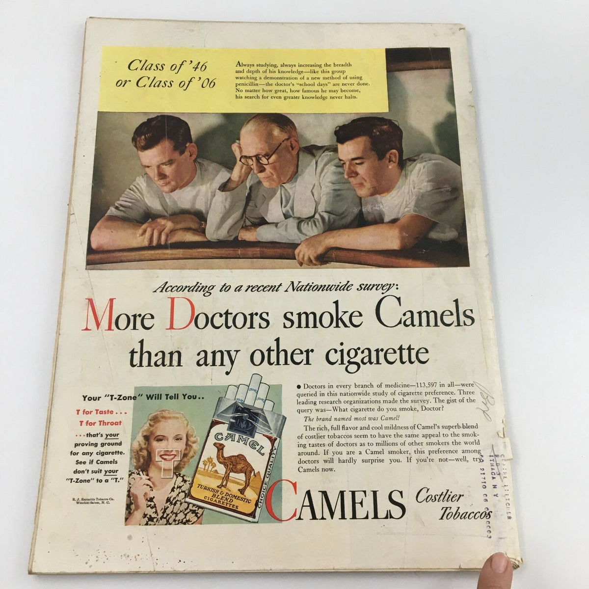 Back cover of VTG Life Magazine November 11 1946, displaying an advertisement for Camel cigarettes featuring doctors and a vintage aesthetic.