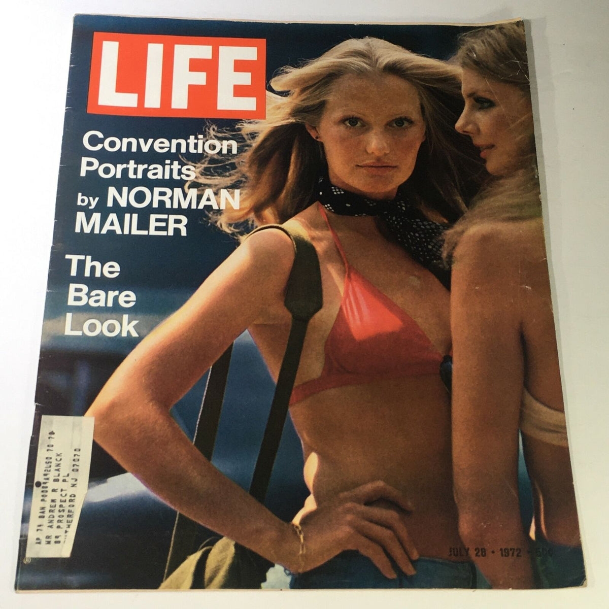 Cover of the VTG Life Magazine July 28 1972 featuring 'The Bare Look' portraits by Norman Mailer, showcasing two models, one in a pink bikini and the other with a scarf, highlighting vintage fashion and photography.