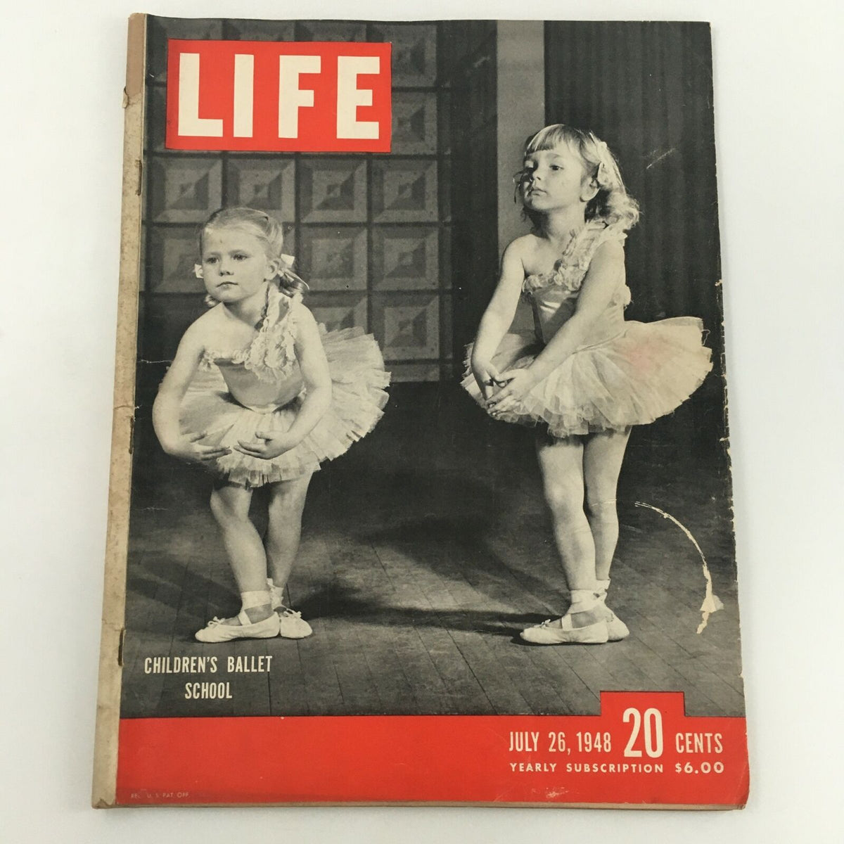 VTG Life Magazine July 26 1948 cover featuring two young ballerinas in tutus from a children's ballet school, highlighting the elegance of childhood dance.