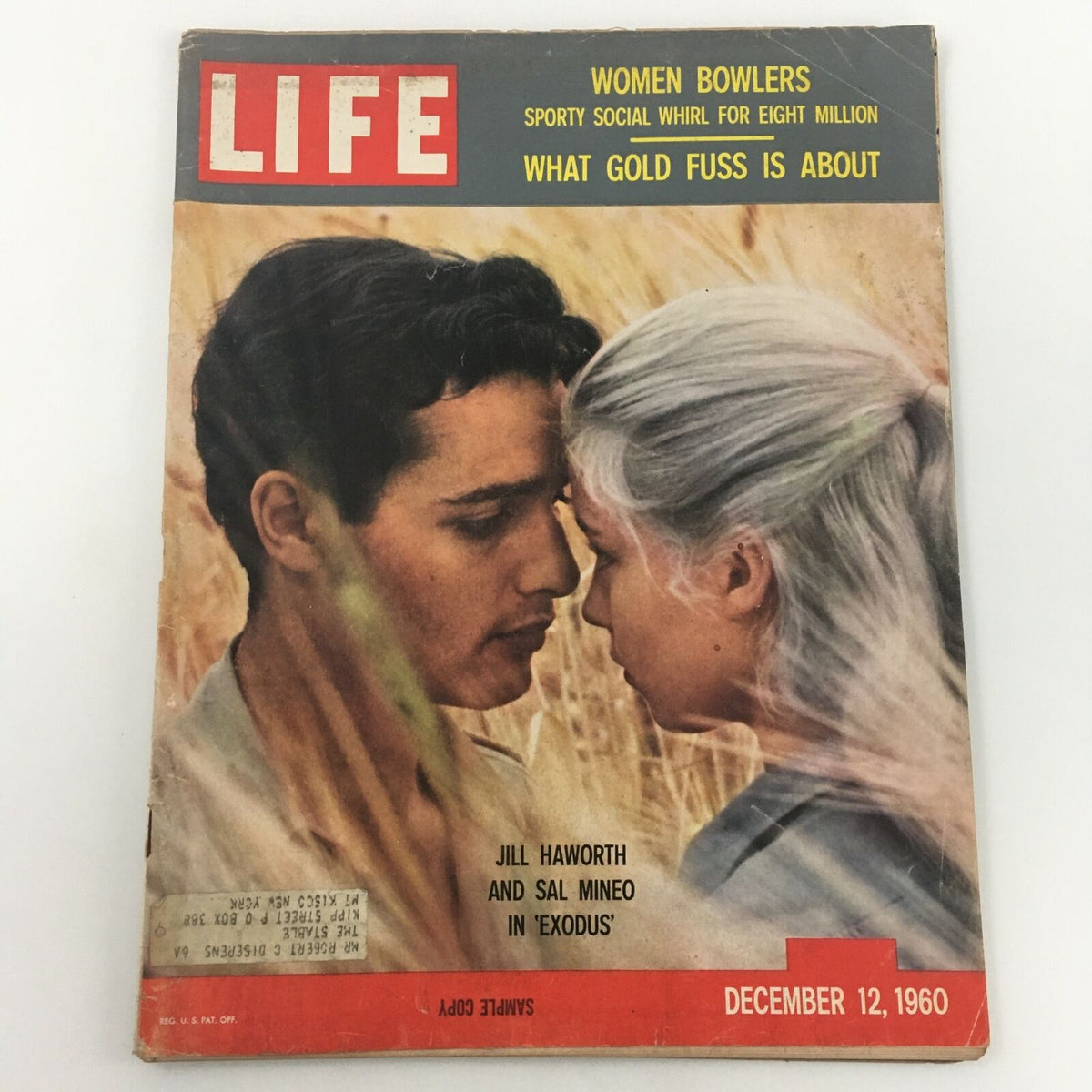 Vintage Life Magazine cover dated December 12, 1960, featuring Jill Haworth and Sal Mineo in an Exodus feature, showcasing their romantic close-up against a backdrop of natural scenery.