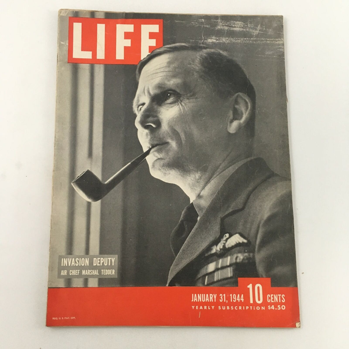 Cover of VTG Life Magazine dated January 31, 1944, featuring Air Chief Marshal Arthur Tedder, with the headline 'Invasion Deputy'. The cover highlights the historical significance of the magazine during World War II.