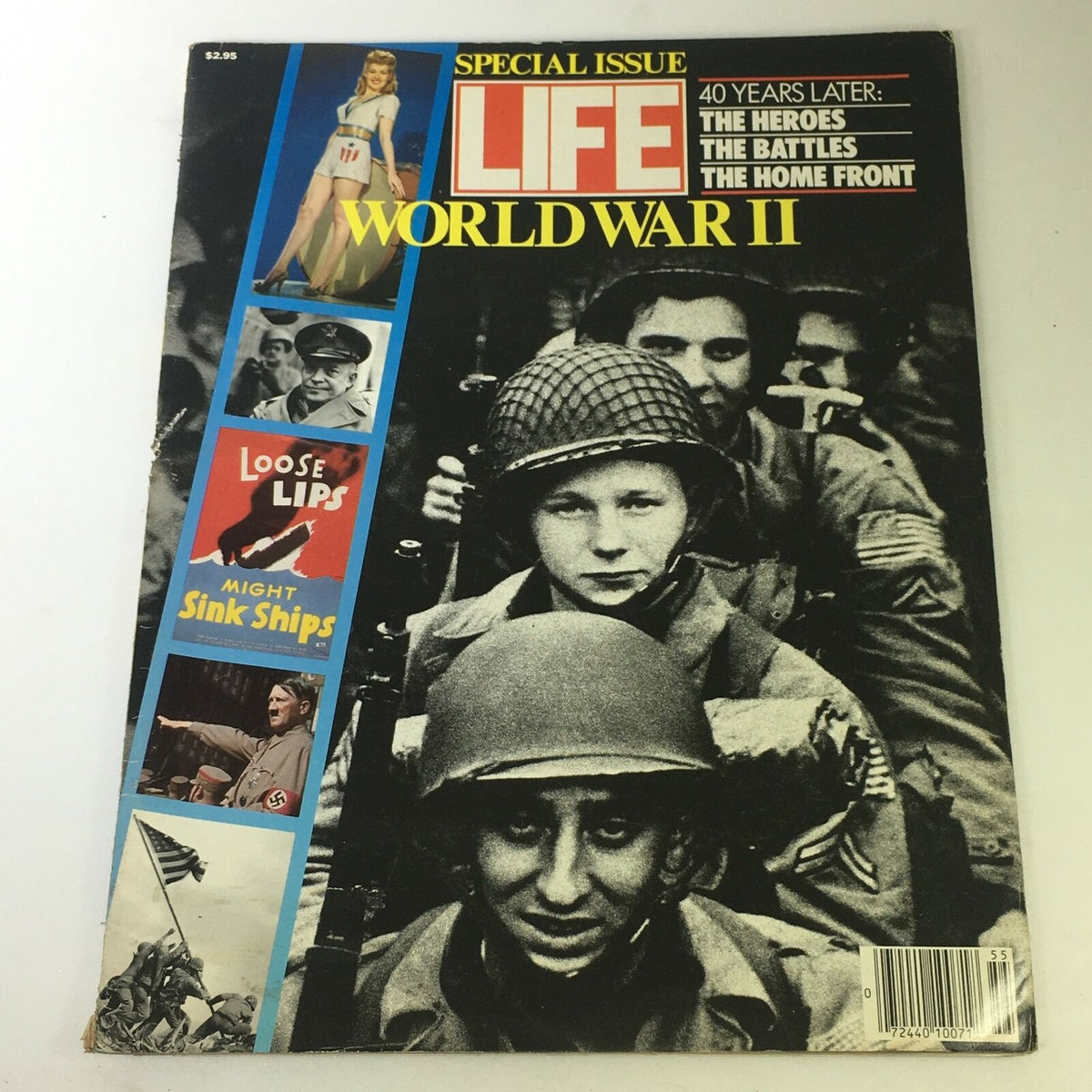 VTG Life Magazine 1986 - Special Issue on World War II After 40 Years Later featuring soldiers on the cover, highlighting themes of war heroes, battles, and the home front with iconic visuals.