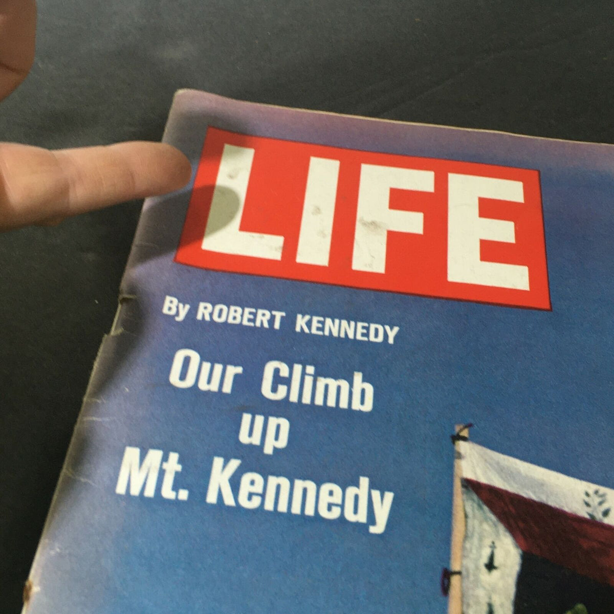 Close-up view of the Life Magazine title from April 9 1965, highlighting Robert Kennedy's climb at Mt. Kennedy.