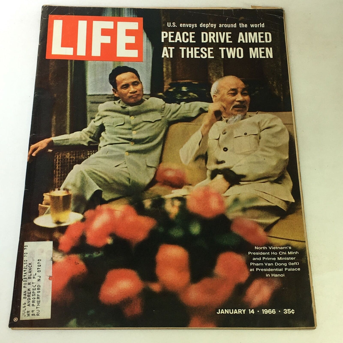 VTG Life Magazine January 14 1966 featuring President Ho Chi Minh and Prime Minister Pham Van Dong in Hanoi, showcasing a historical collectible with a striking cover design and roses in the foreground.
