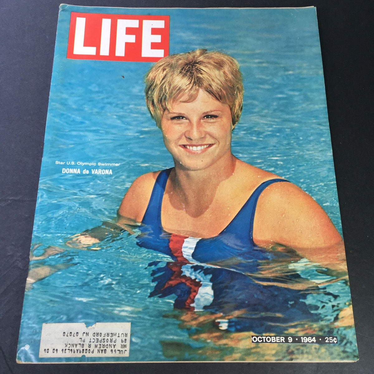 VTG Life Magazine October 9 1964 featuring U.S. Olympic swimmer Donna de Varona, showcasing her smiling portrait in a swimming pool, highlighting vintage sports journalism.