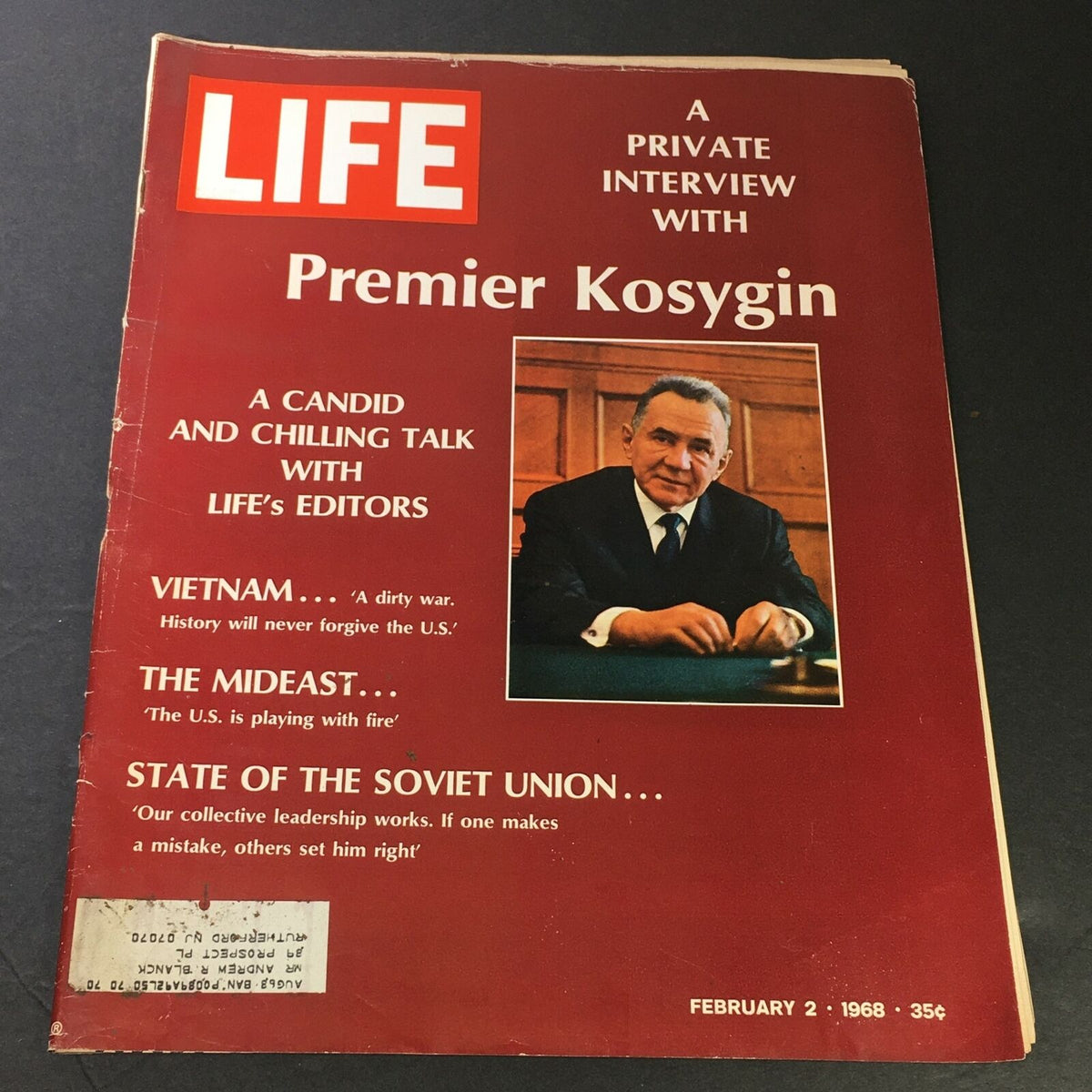 Cover of VTG Life Magazine February 2, 1968 featuring a private interview with Premier Kosygin, highlighting important topics like Vietnam, the Mideast, and the Soviet Union's state.