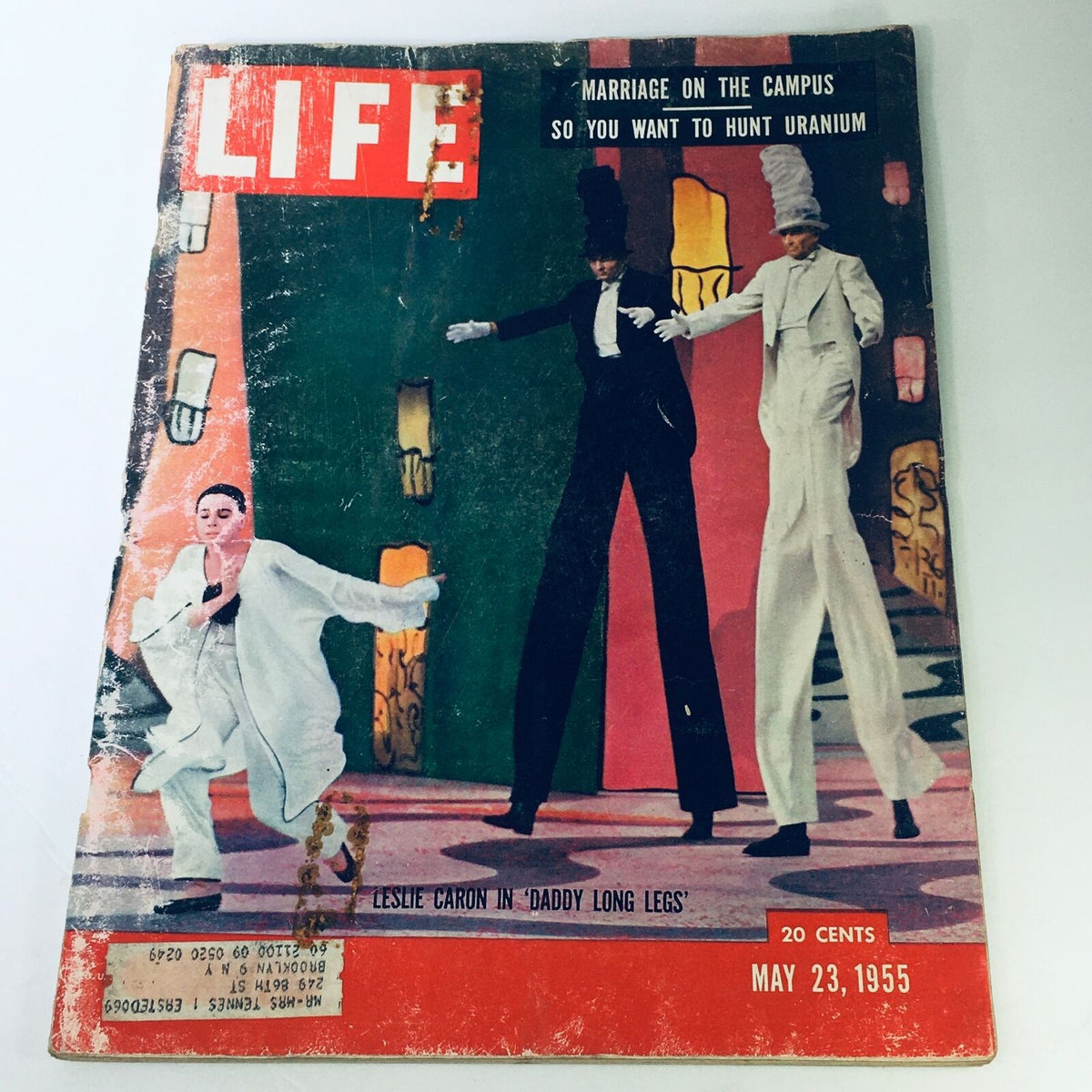 Vintage Life Magazine cover from May 23, 1955, featuring Leslie Caron in 'Daddy Long Legs' with a colorful artistic design and text about uranium hunting.